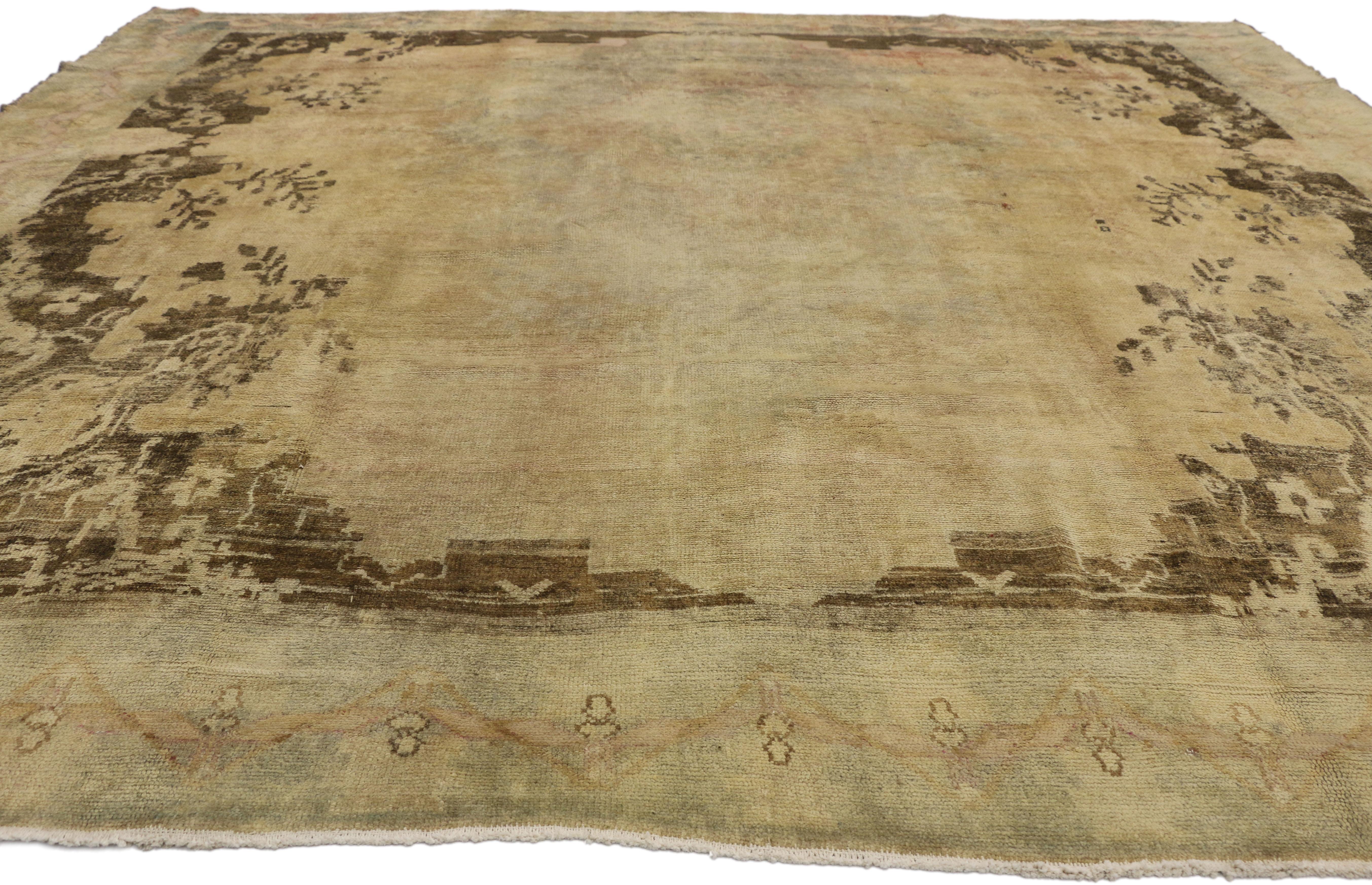 Hand-Knotted Vintage Turkish Oushak Rug with with French Chalet Style For Sale