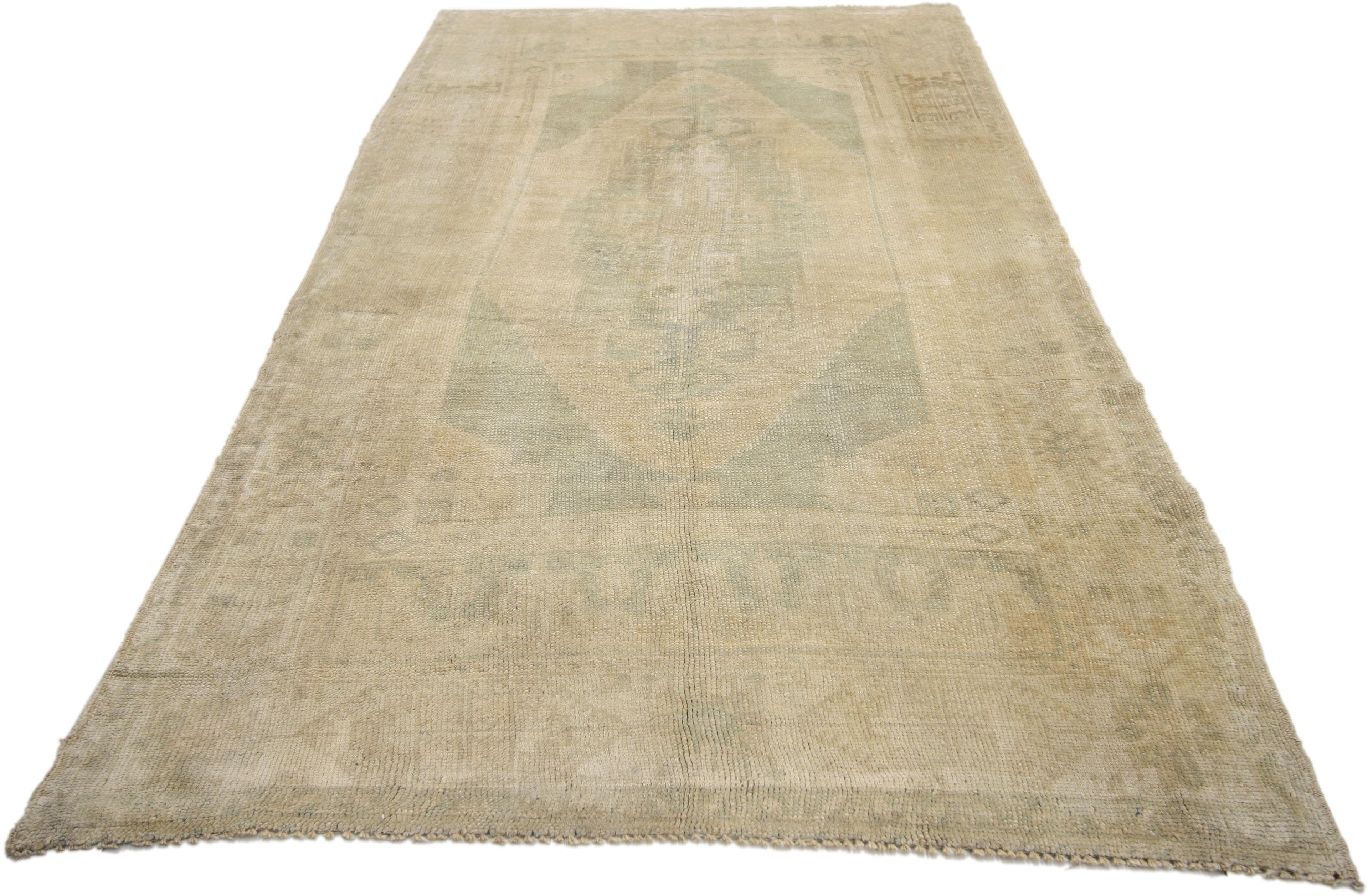 Hand-Knotted Vintage Turkish Oushak Rug with Muted Colors, Entry, Foyer or Master Bath Rug For Sale
