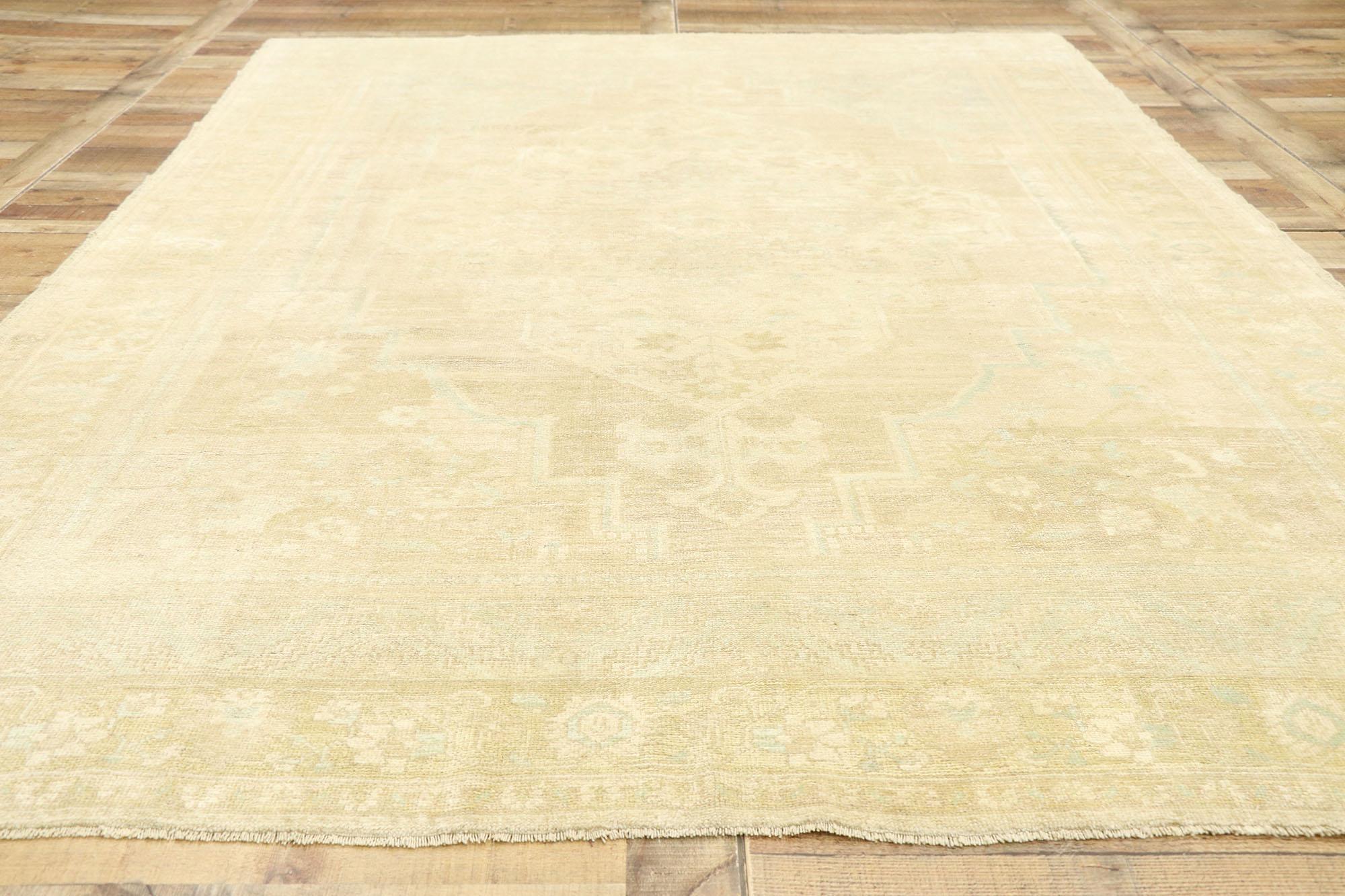 Wool Vintage Turkish Oushak Rug with Muted Hues and Monochromatic Mission Style