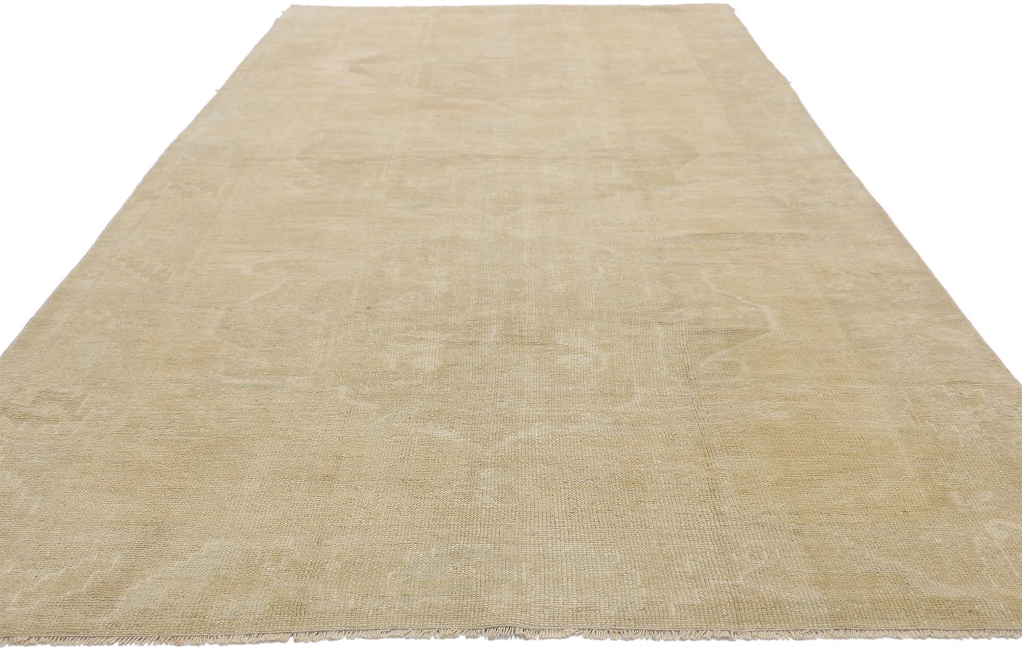 Hand-Knotted Vintage Turkish Oushak Rug with Neutral Colors, Wide Hallway Runner For Sale