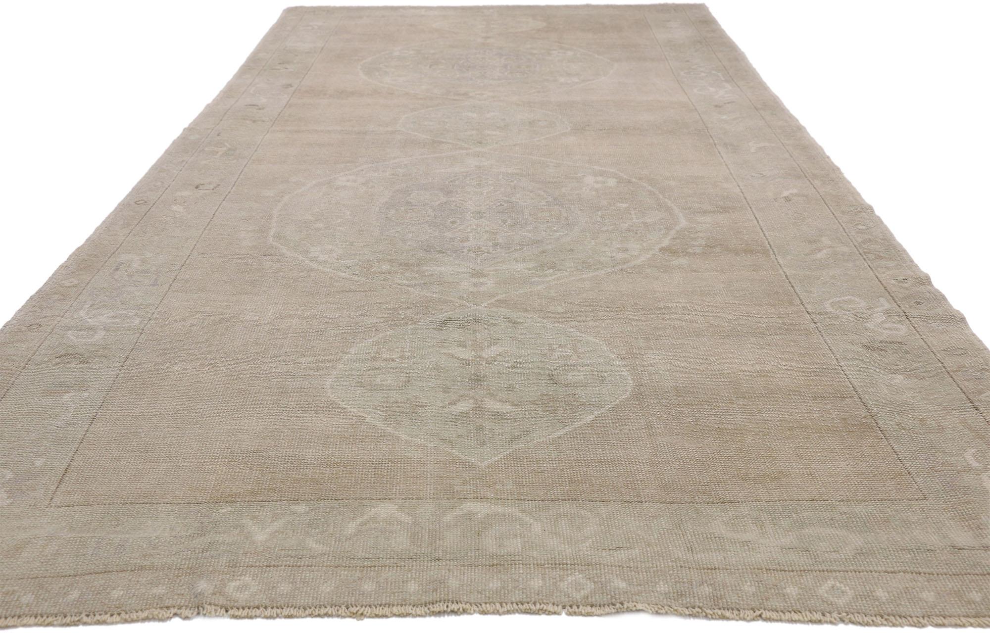 Hand-Knotted Vintage Turkish Oushak Rug with Neutral Colors, Wide Hallway Runner