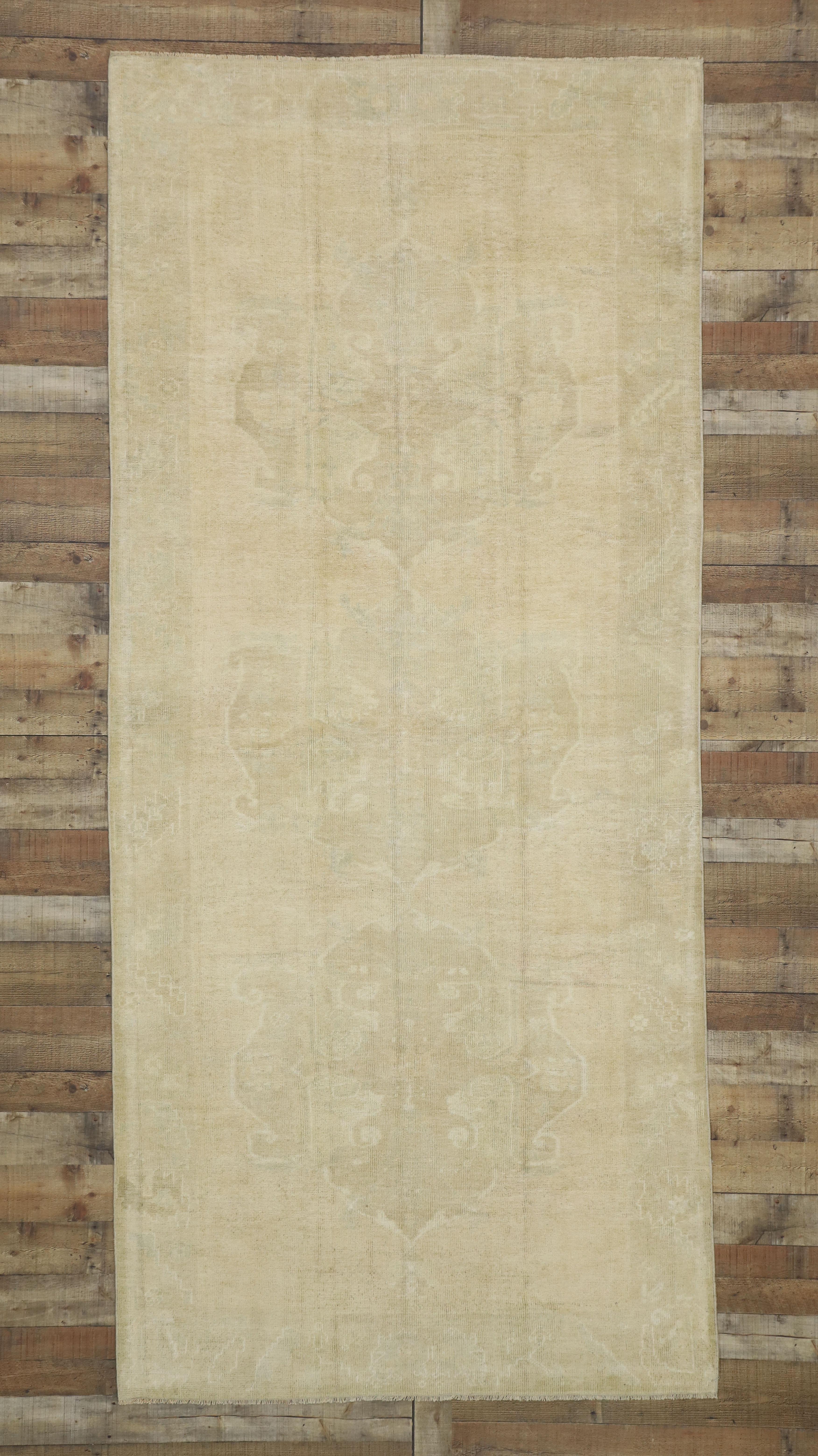 Vintage Turkish Oushak Rug with Neutral Colors, Wide Hallway Runner For Sale 2