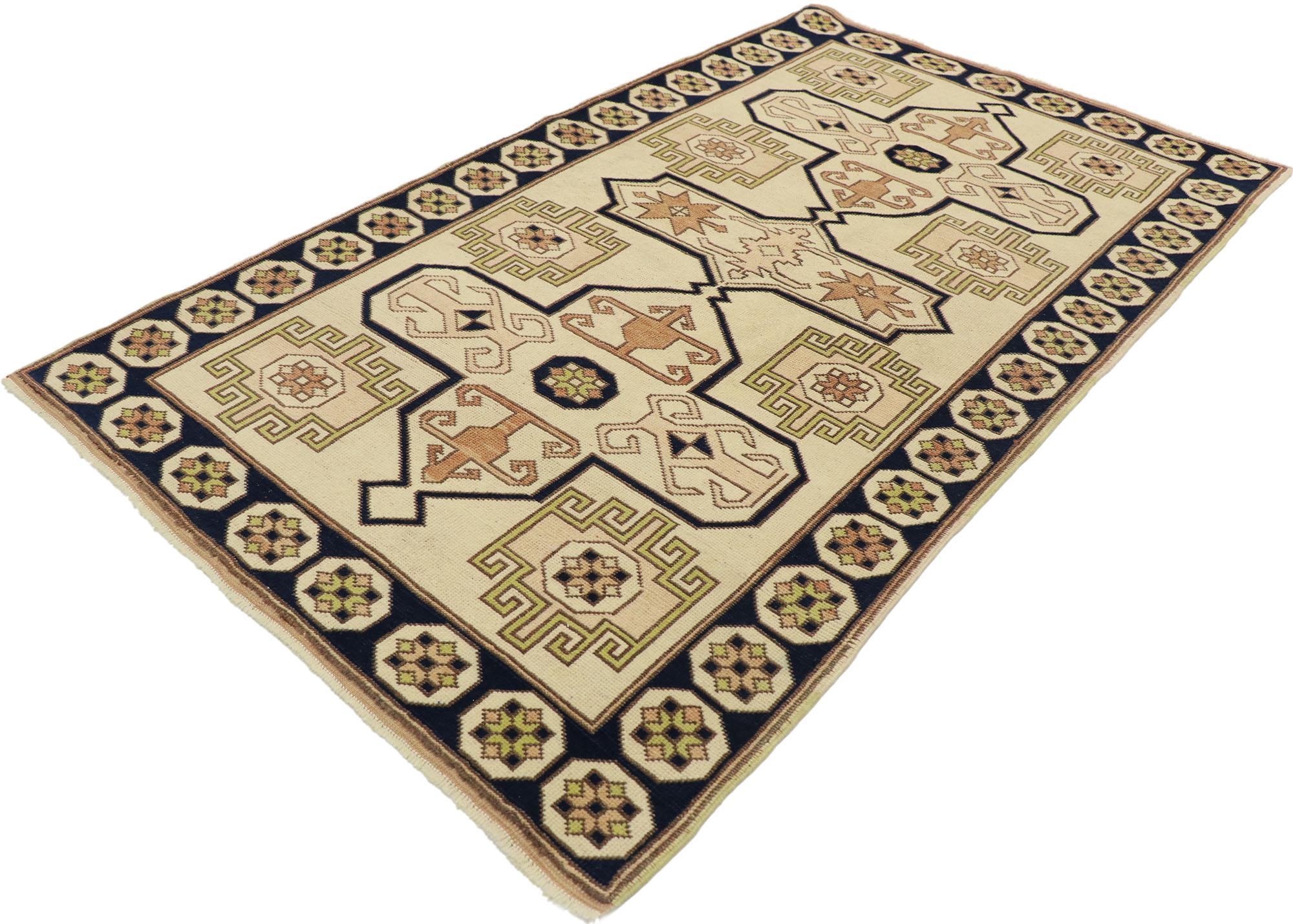 53183, vintage Turkish Oushak rug with Neutral Navajo style. With its bold expressive design, incredible detail and texture, this hand knotted wool vintage Turkish Oushak rug is a captivating vision of woven beauty showcasing neutral Navajo style.