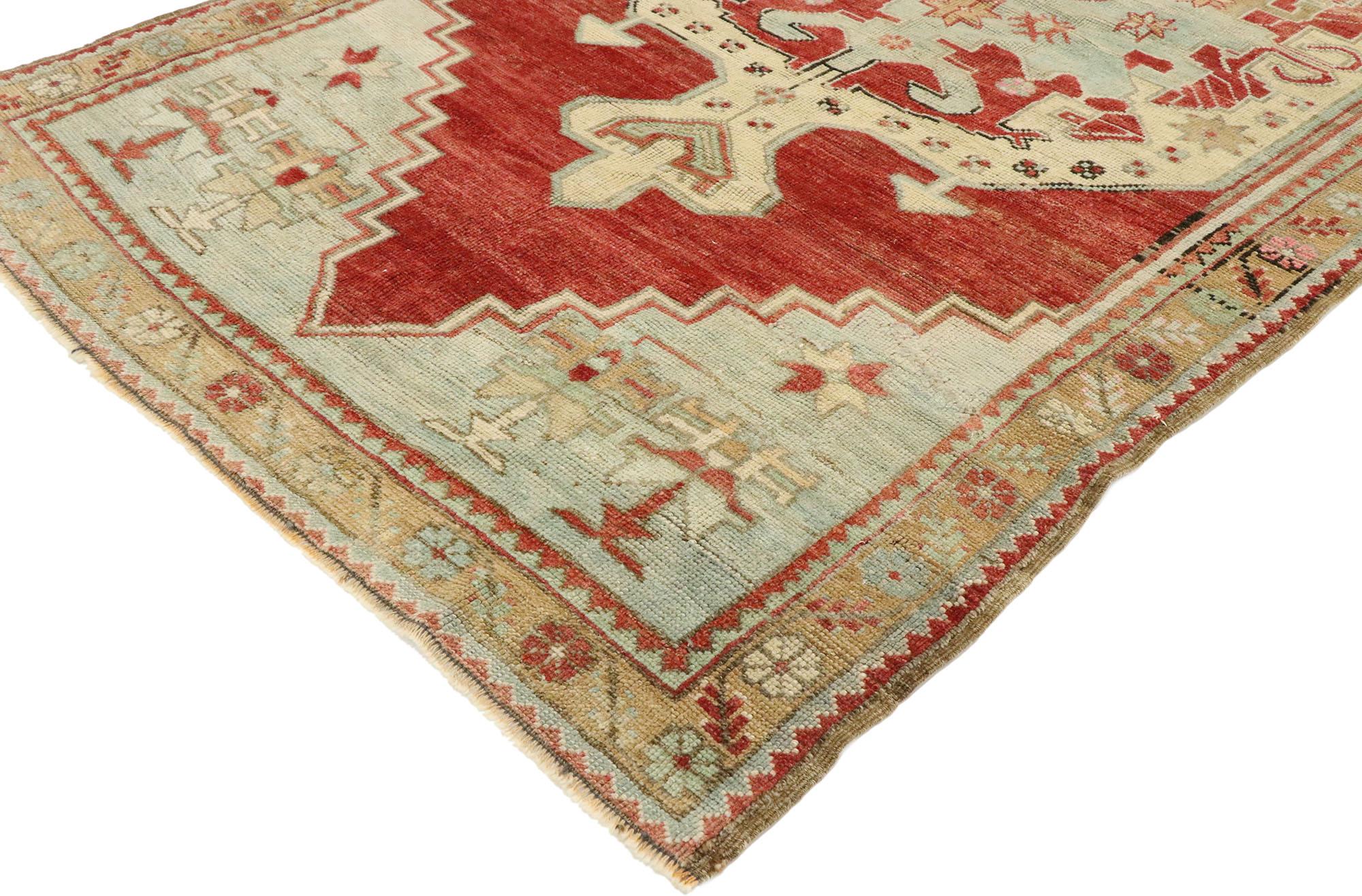 53081, vintage Turkish Oushak rug with New England Cape Cod style. With timeless design and defining colors, evoke the charming New England Cape Cod style with this hand knotted wool vintage Turkish Oushak rug. The stepped abrashed red cut-out field
