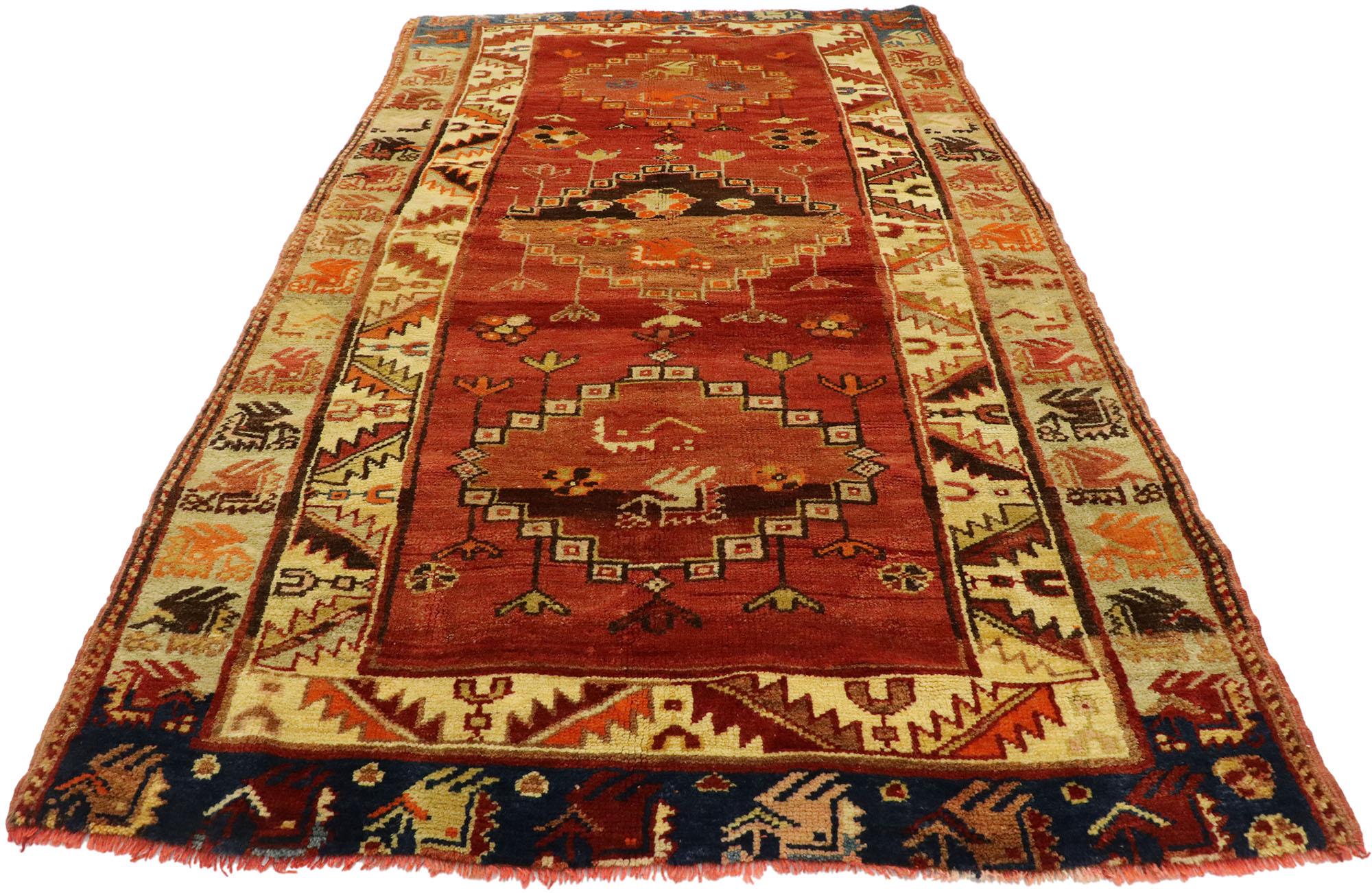 Hand-Knotted Vintage Turkish Oushak Rug, Tribal Enchantment Meets Nomadic Charm For Sale