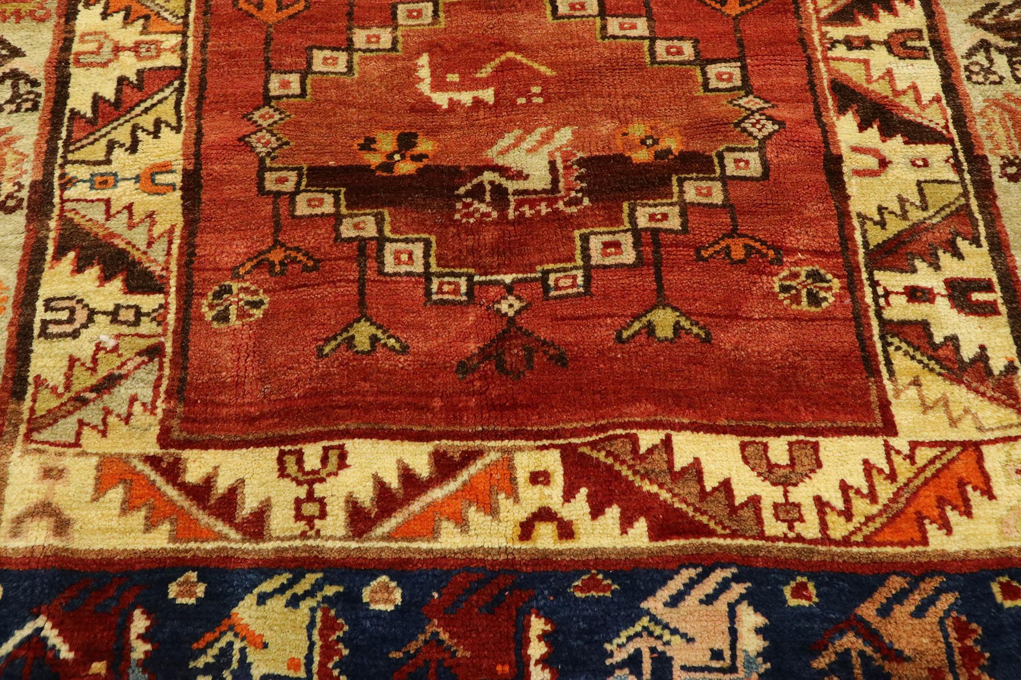 Vintage Turkish Oushak Rug, Tribal Enchantment Meets Nomadic Charm In Good Condition For Sale In Dallas, TX