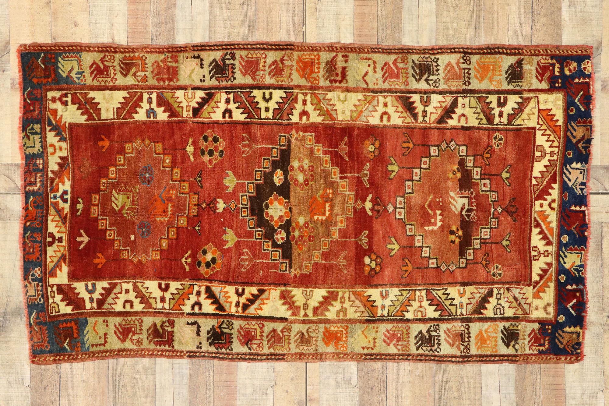 Vintage Turkish Oushak Rug, Tribal Enchantment Meets Nomadic Charm For Sale 3