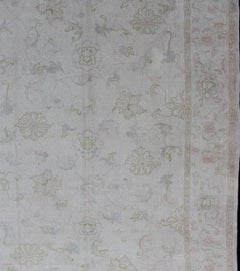Vintage Turkish Oushak Rug with Pale Ivory Ground and Soft Sage, Blush 6'8 x 9'3