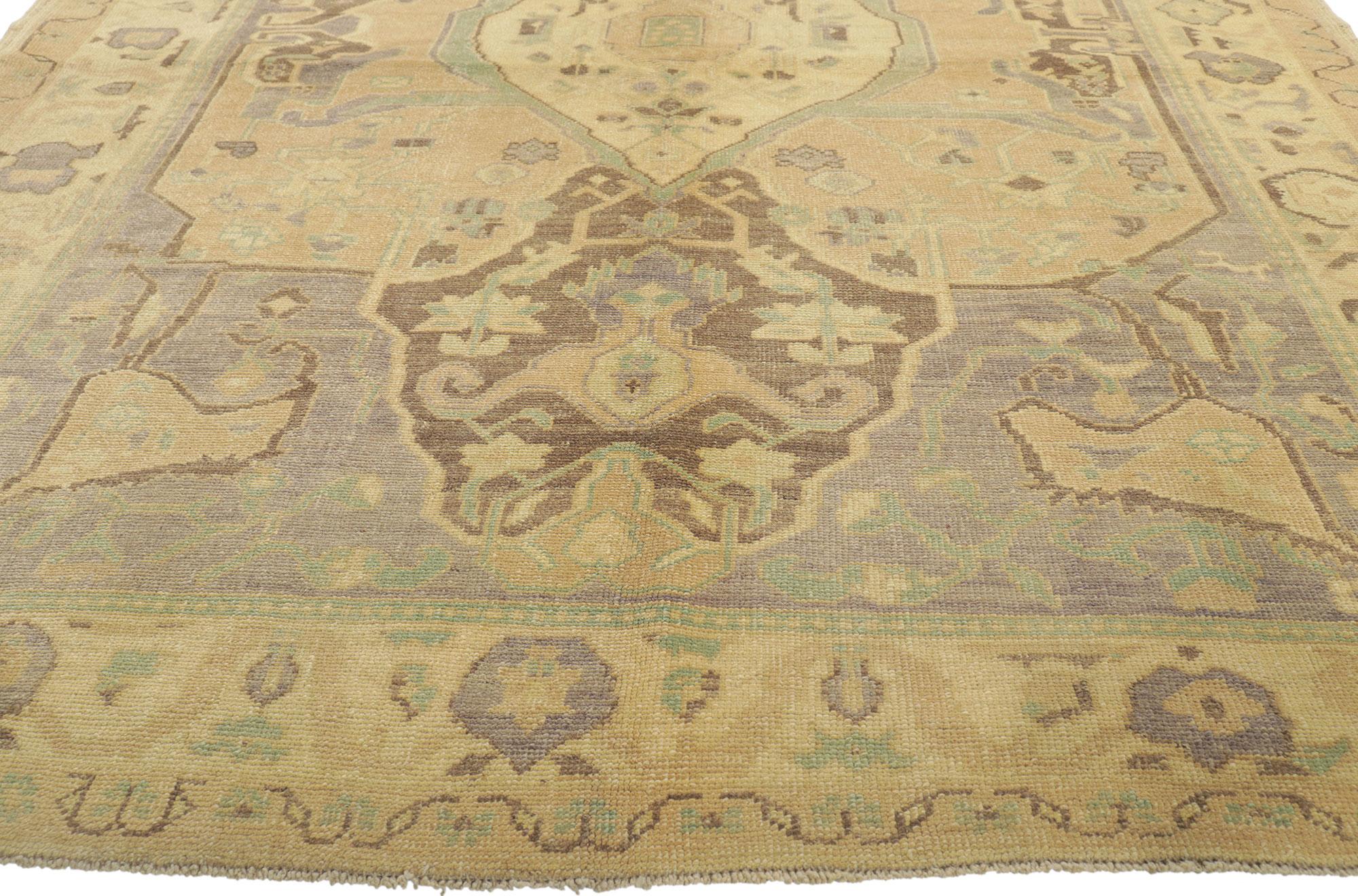 Vintage Turkish Oushak Rug, Biophilic Design Meets Quiet Sophistication In Good Condition For Sale In Dallas, TX