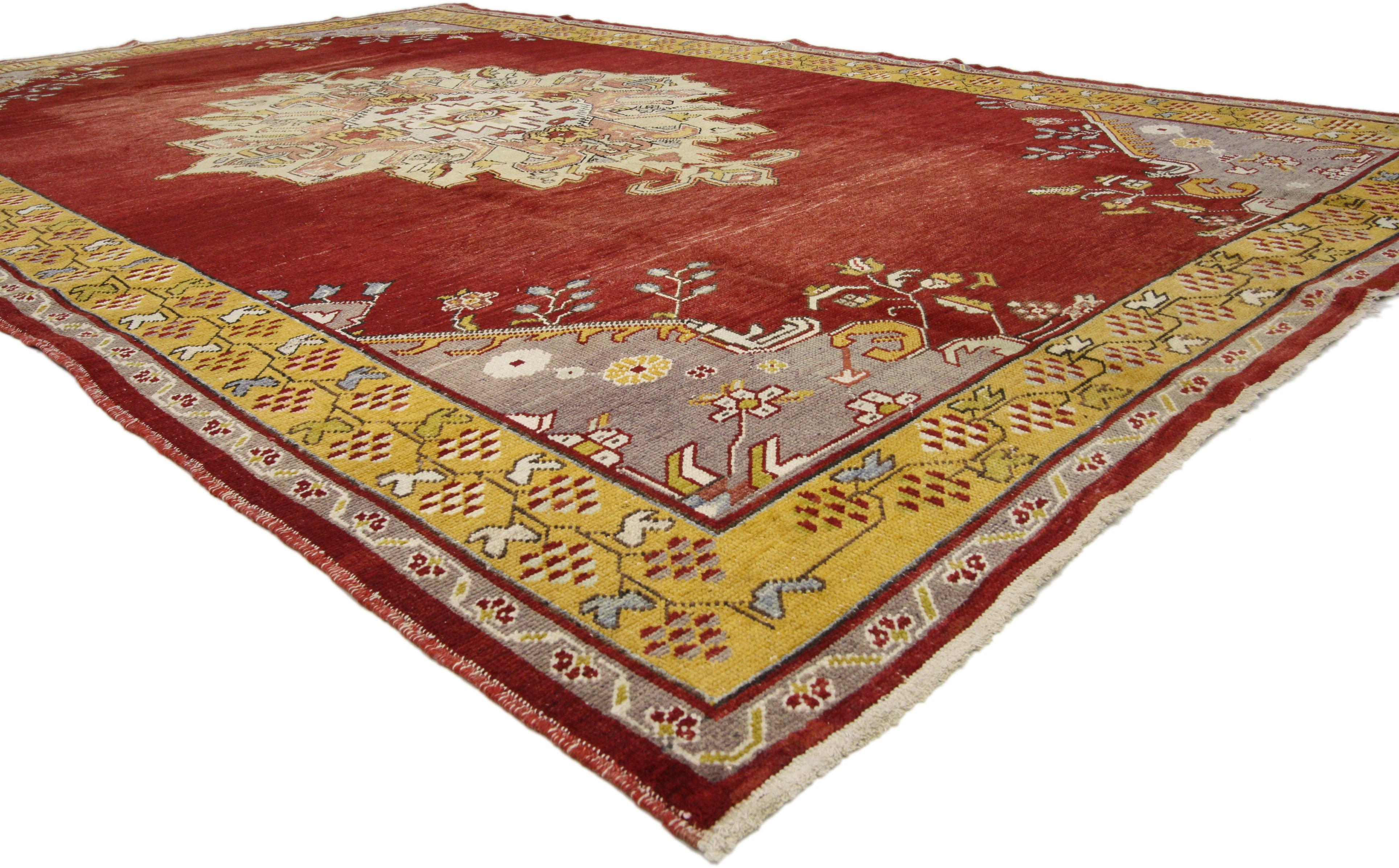 Hand-Knotted Vintage Turkish Oushak Rug with Regency Queen Anne Style and Vibrant Colors For Sale