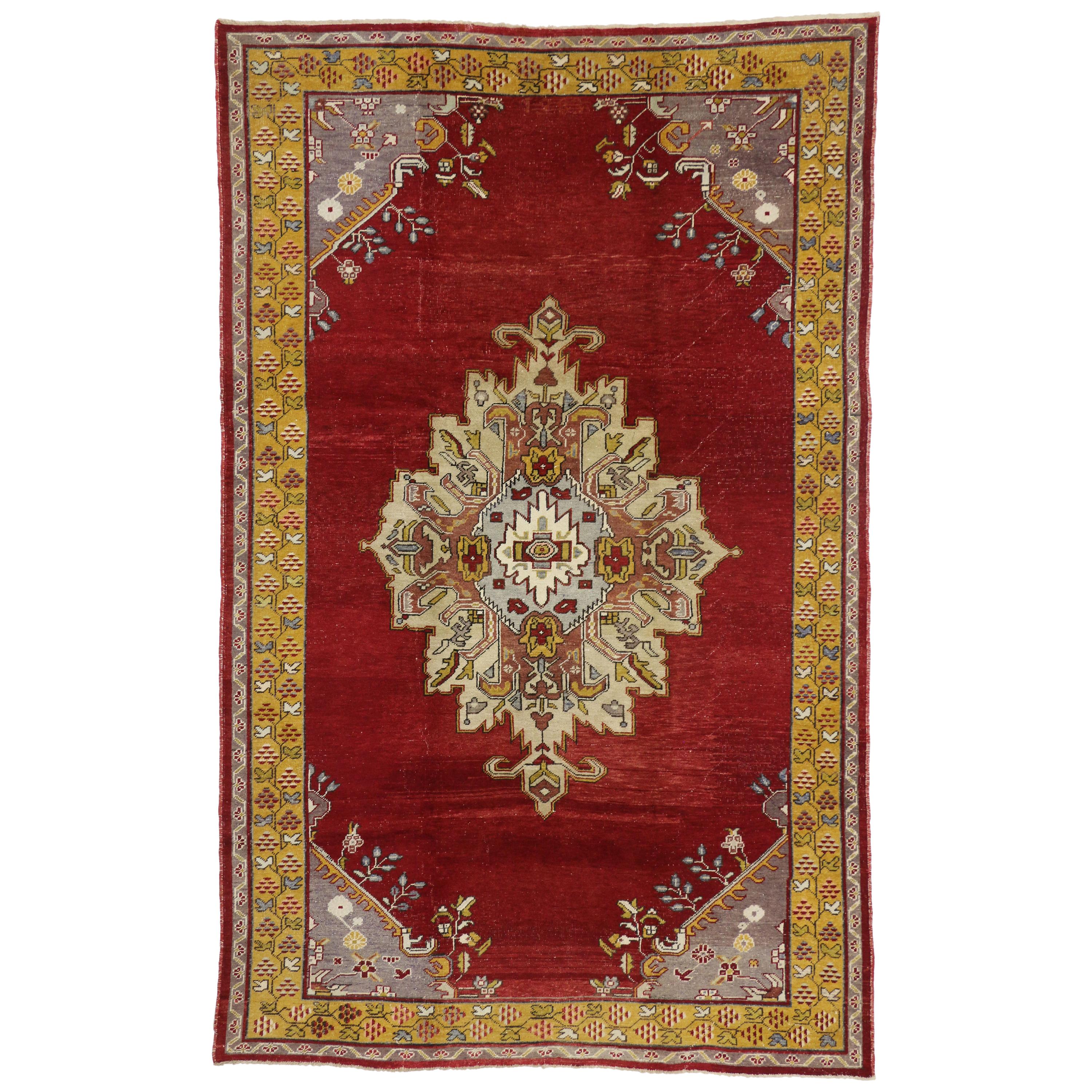 Vintage Turkish Oushak Rug with Regency Queen Anne Style and Vibrant Colors For Sale