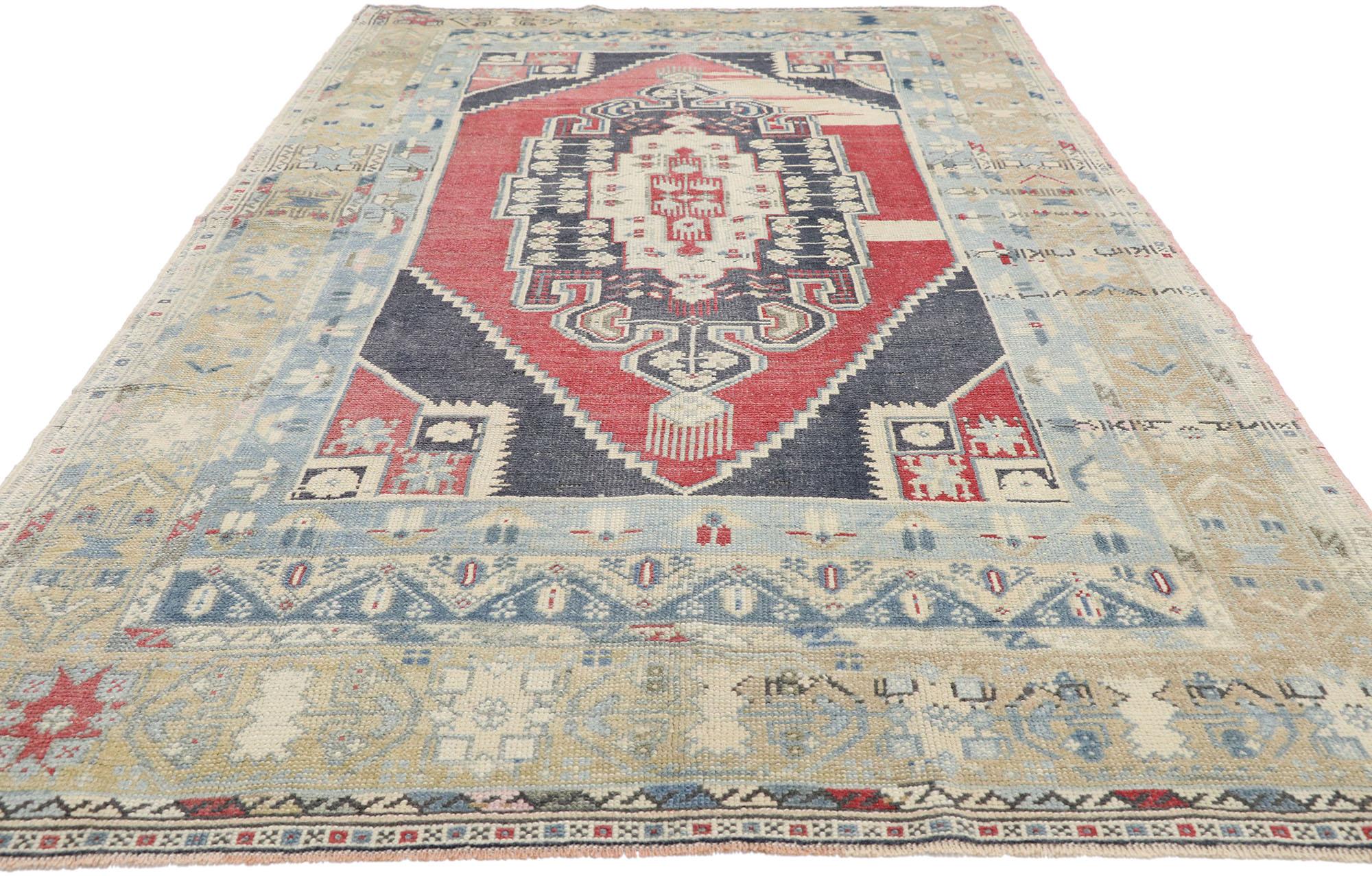 Hand-Knotted Vintage Turkish Oushak Rug with Relaxed Federal Style