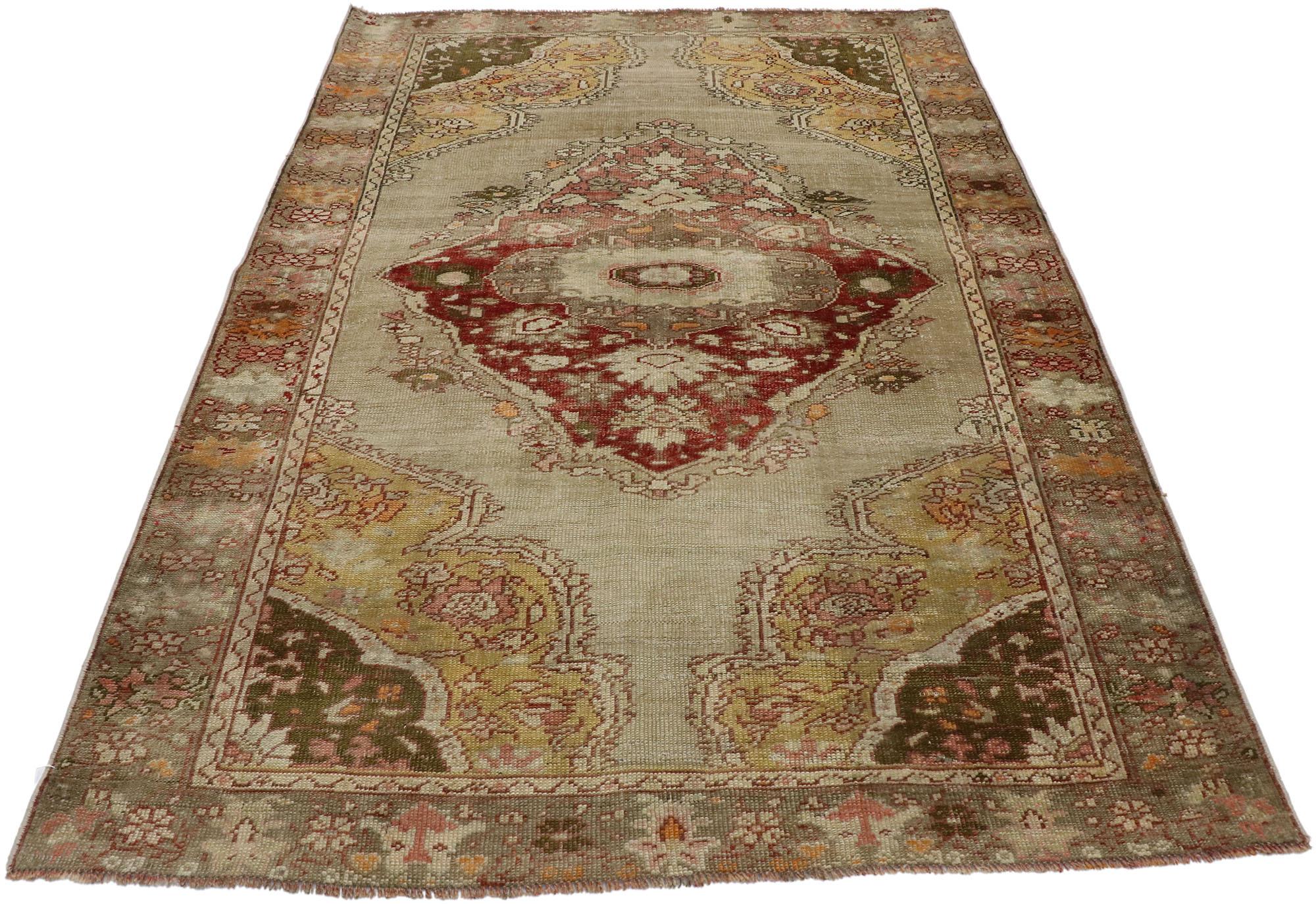 Wool Vintage Turkish Oushak Rug with Romantic Arts & Crafts Style For Sale