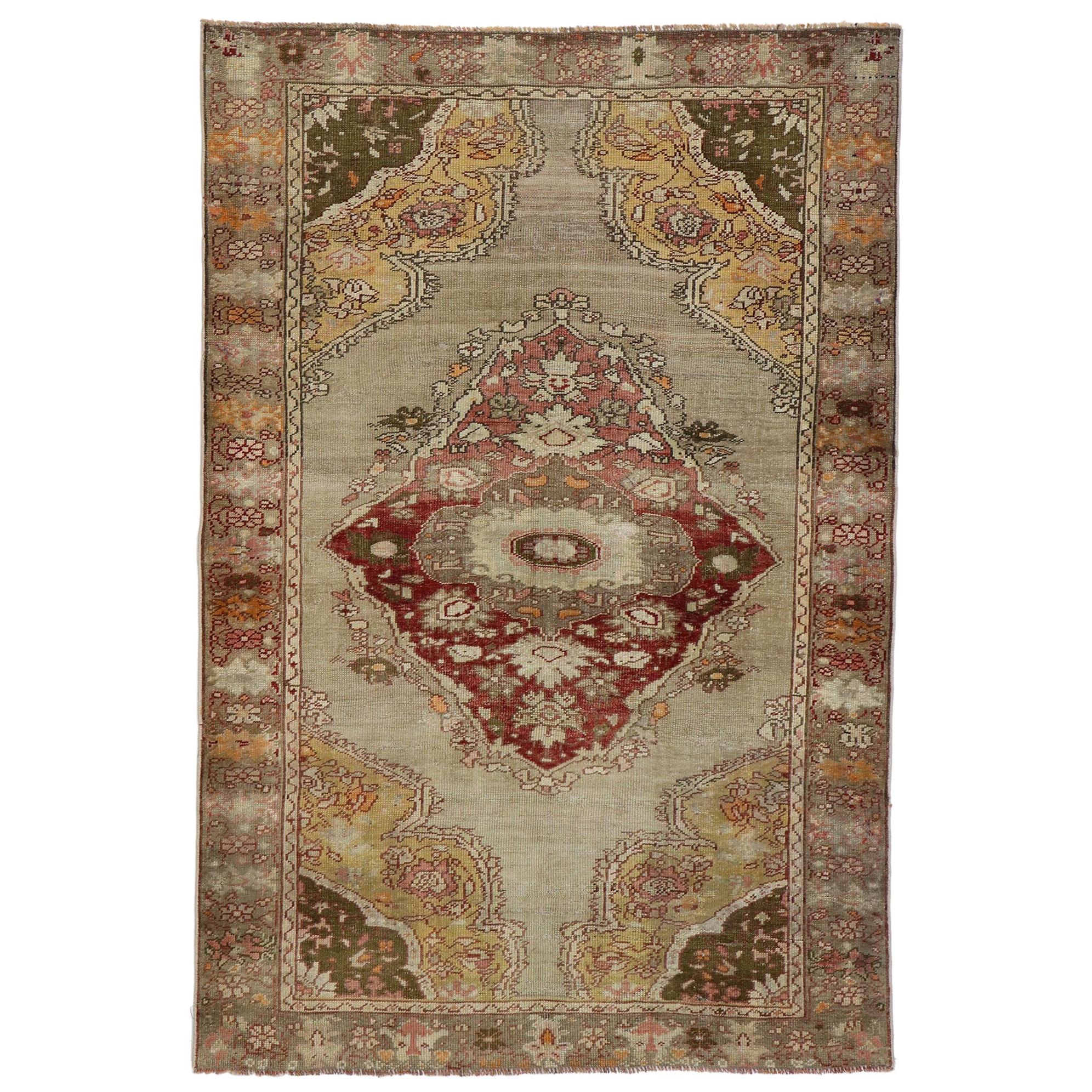 Vintage Turkish Oushak Rug with Romantic Arts & Crafts Style