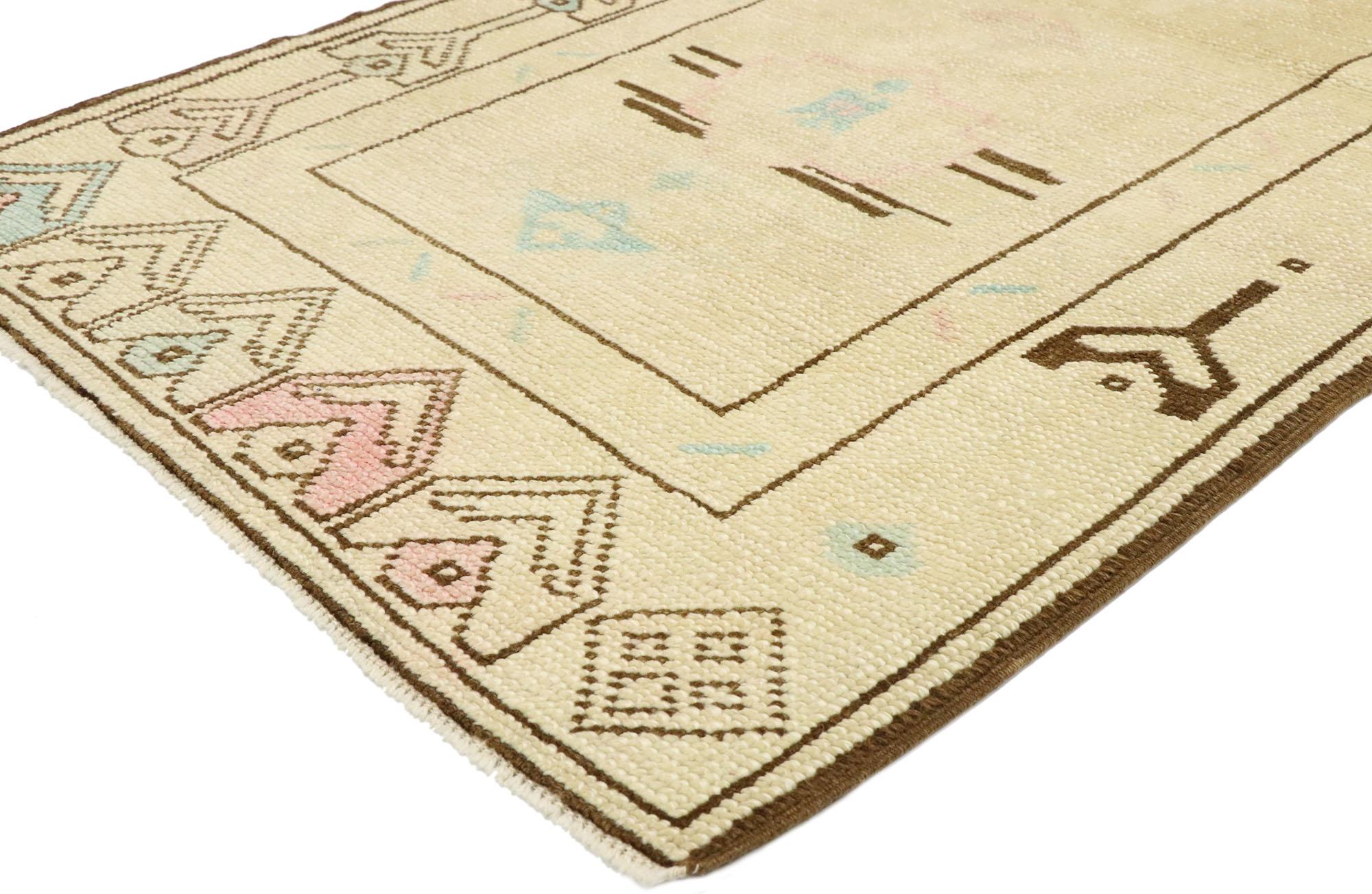 52931 vintage Turkish Oushak rug with romantic Georgian Cottage French style 02'09 x 05'04. Soft, bespoke vibes meet English Country Cottage style in this hand knotted wool vintage Turkish Oushak rug. The champagne-beige antique washed field