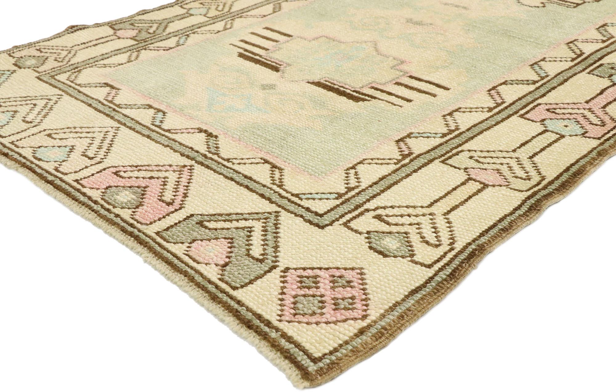 52911, vintage Turkish Oushak rug with Romantic Georgian Cottage French style 02'11 x 05'02. Soft, bespoke vibes meet Georgian Country Cottage style in this hand knotted wool vintage Turkish Oushak rug. The celadon antique washed field beautifully