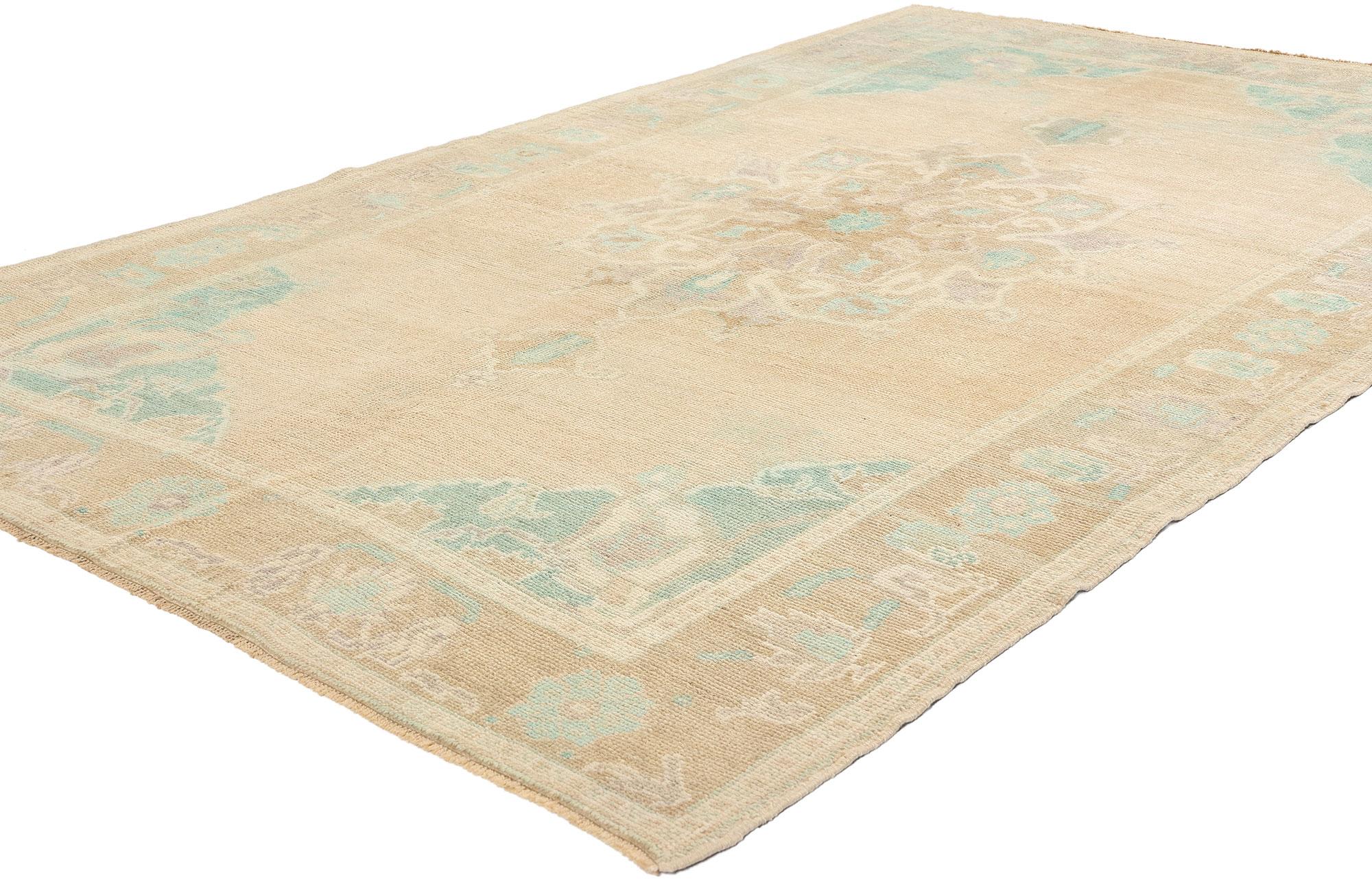 52957 Vintage Pastel Turkish Oushak Rug, 04'08 x 07'06. Turkish Oushak rugs, antique-washed and adorned with subdued pastel earth-tone colors, undergo a meticulous washing process that carefully preserves the texture and integrity of their pile.