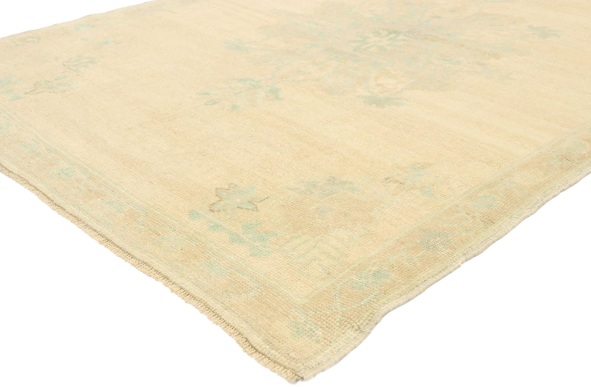 52969 Vintage Turkish Oushak rug with Romantic Georgian French Cottage Style 04'01 x 06'02. Showcasing effortless beauty and soft, bespoke vibes, this hand knotted wool vintage Turkish Oushak rug beautifully embodies Romantic Georgian French cottage