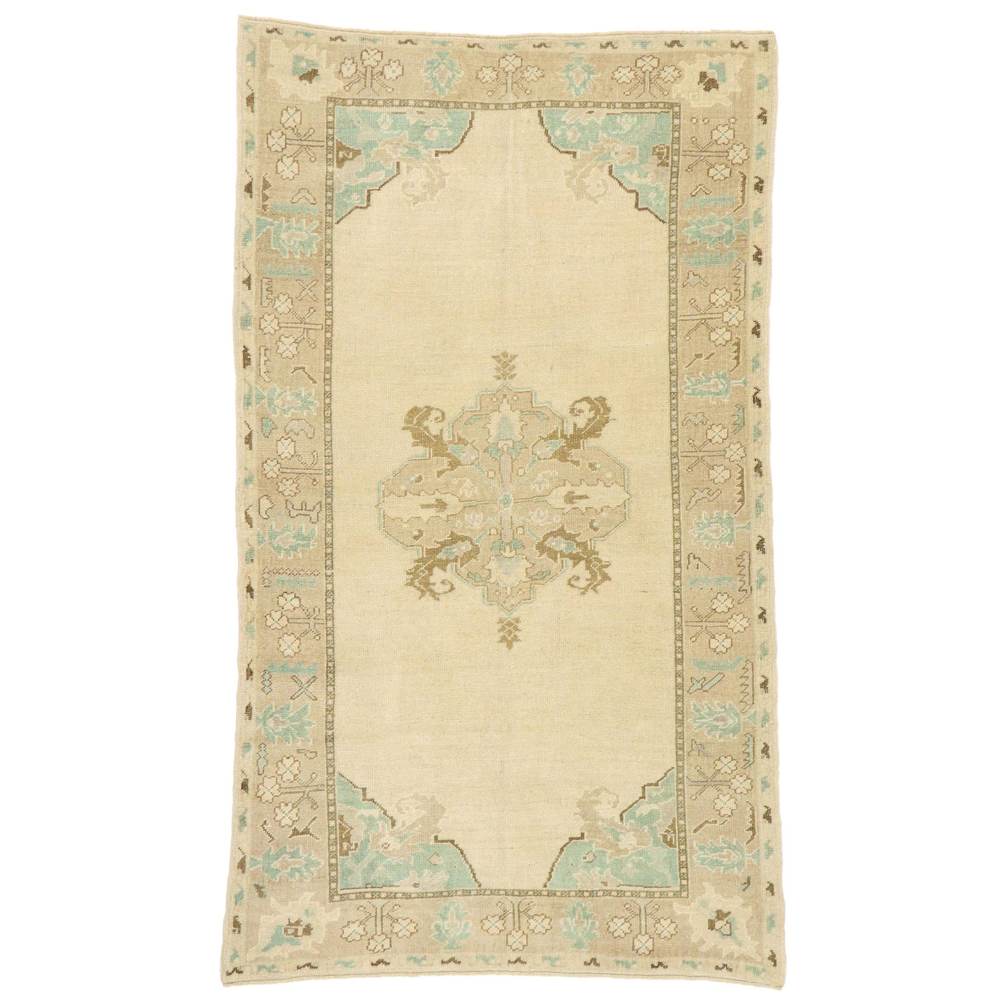 Vintage Turkish Oushak Rug with Romantic Georgian French Cottage Style For Sale
