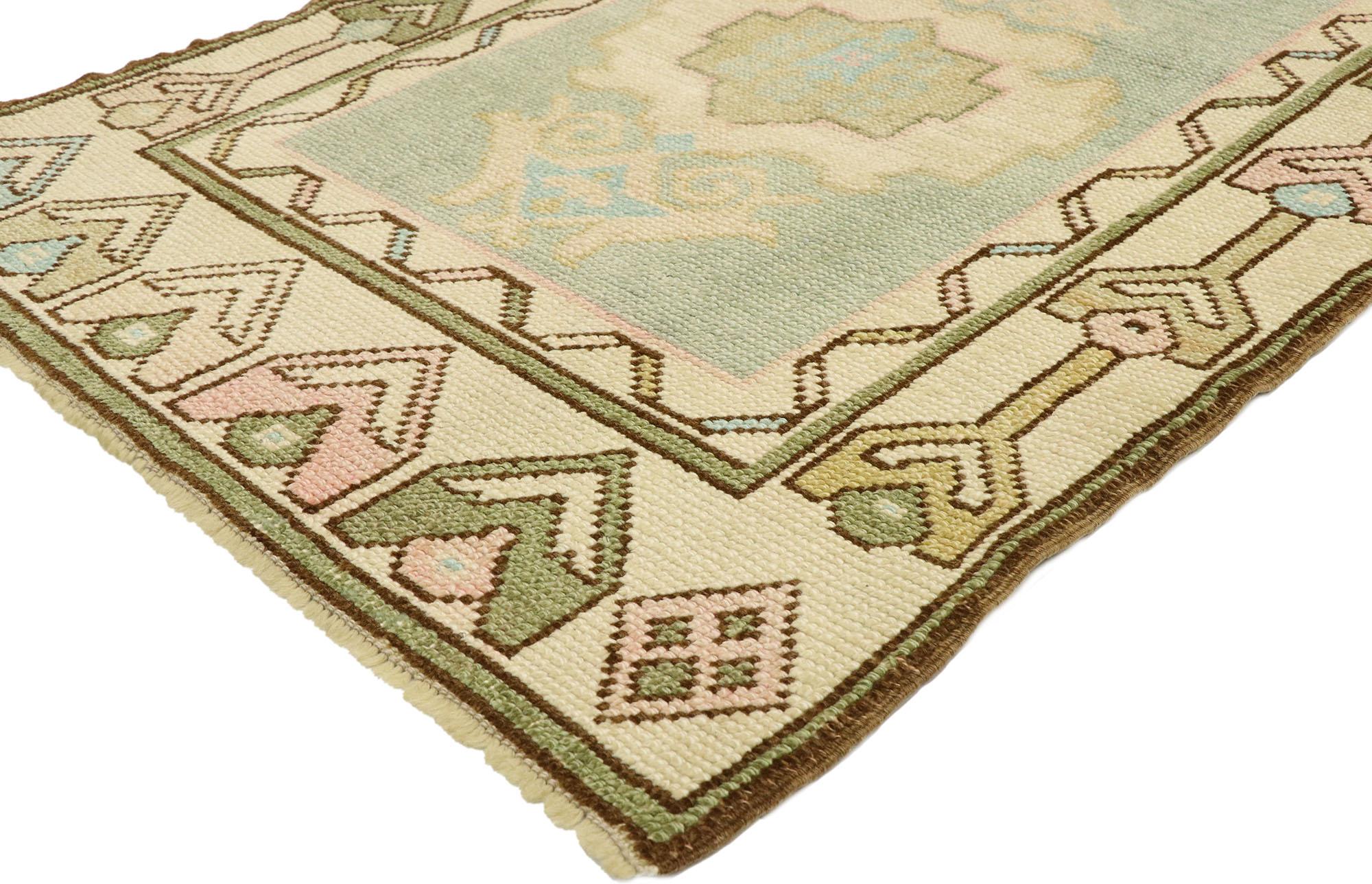 52934, vintage Turkish Oushak rug with romantic Swedish Gustavian farmhouse style 03'00 x 05'09. Soft, bespoke vibes meet a romantic Swedish Gustavian farmhouse style in this hand knotted wool vintage Turkish Oushak rug. The pale bluish-sage colored