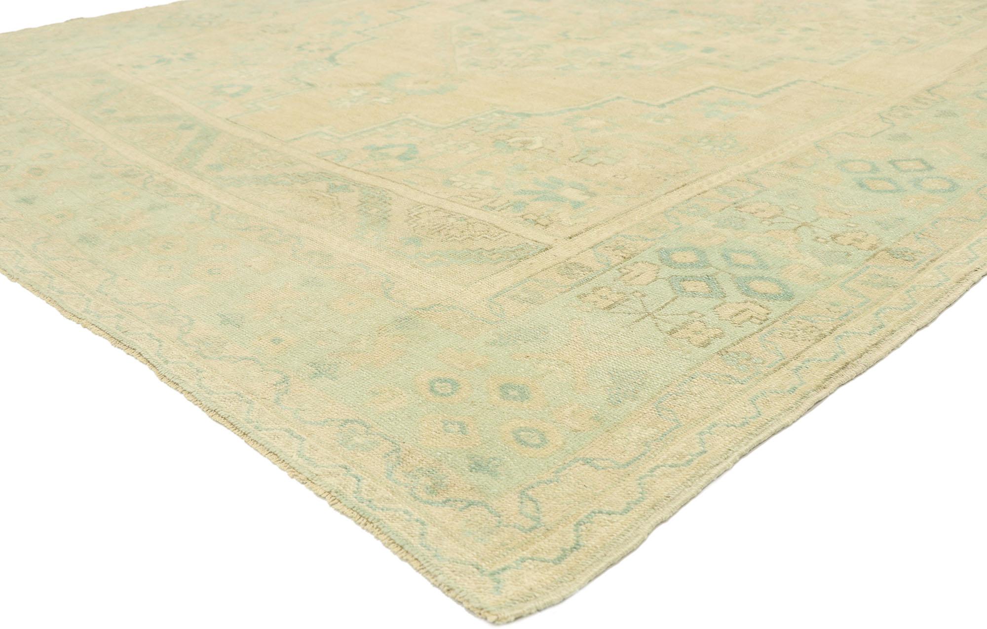 52955, vintage Turkish Oushak Rug with Russian Dacha style 06'09 x 10'08. Take a timeless, tailored design, mix in a dash of romantic connotations and antique-washed colors to get this fresh look that’s as comfortable as it is chic. Soft, bespoke