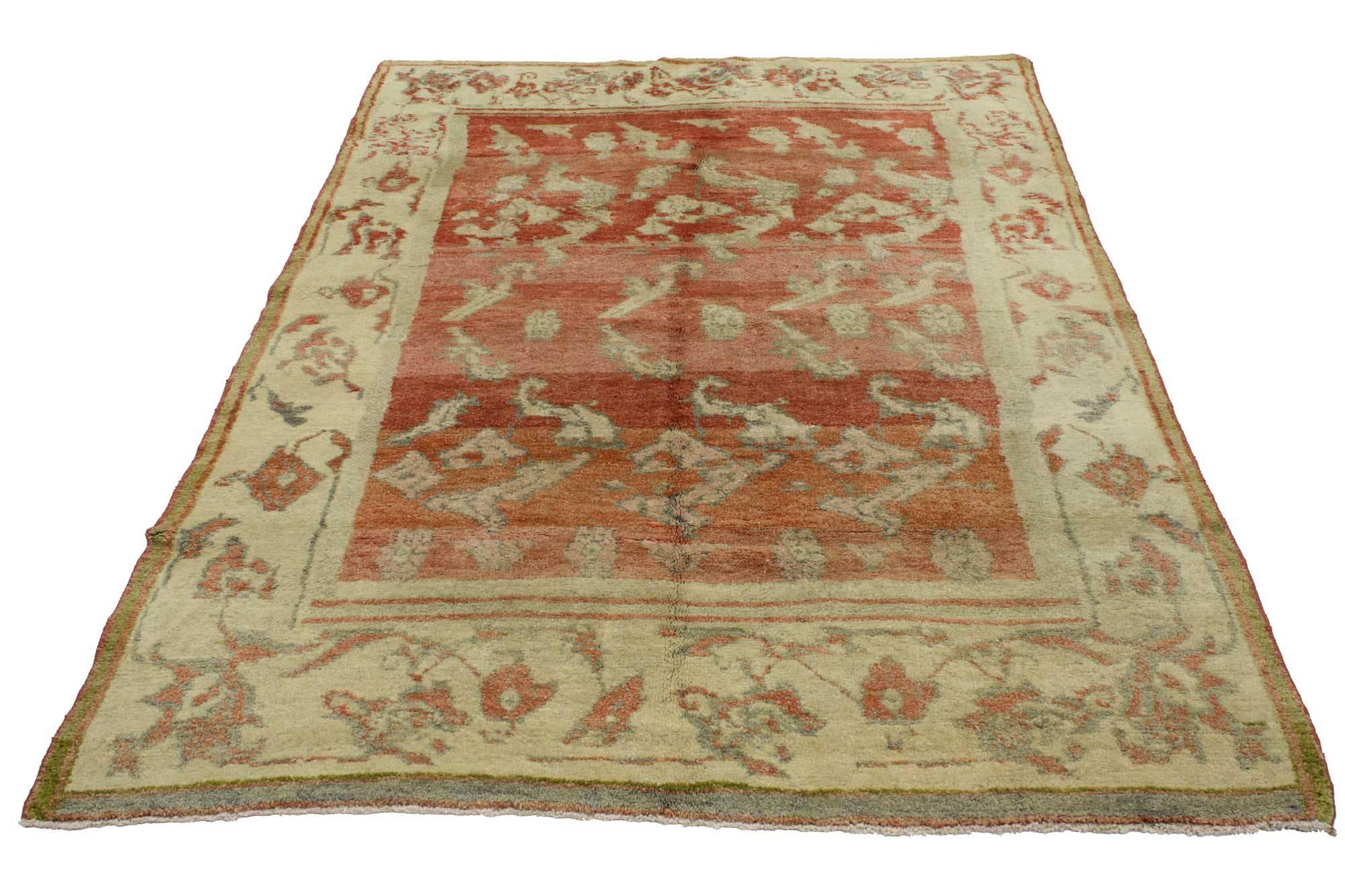 51705 Vintage Turkish Oushak rug with Rustic Prairie Style 04'07 x 06'11. This hand knotted wool vintage Turkish Oushak rug features an all-over pattern of organic shapes composed of leafy tendrils, flowers, and curled sickle leaves. It is enclosed