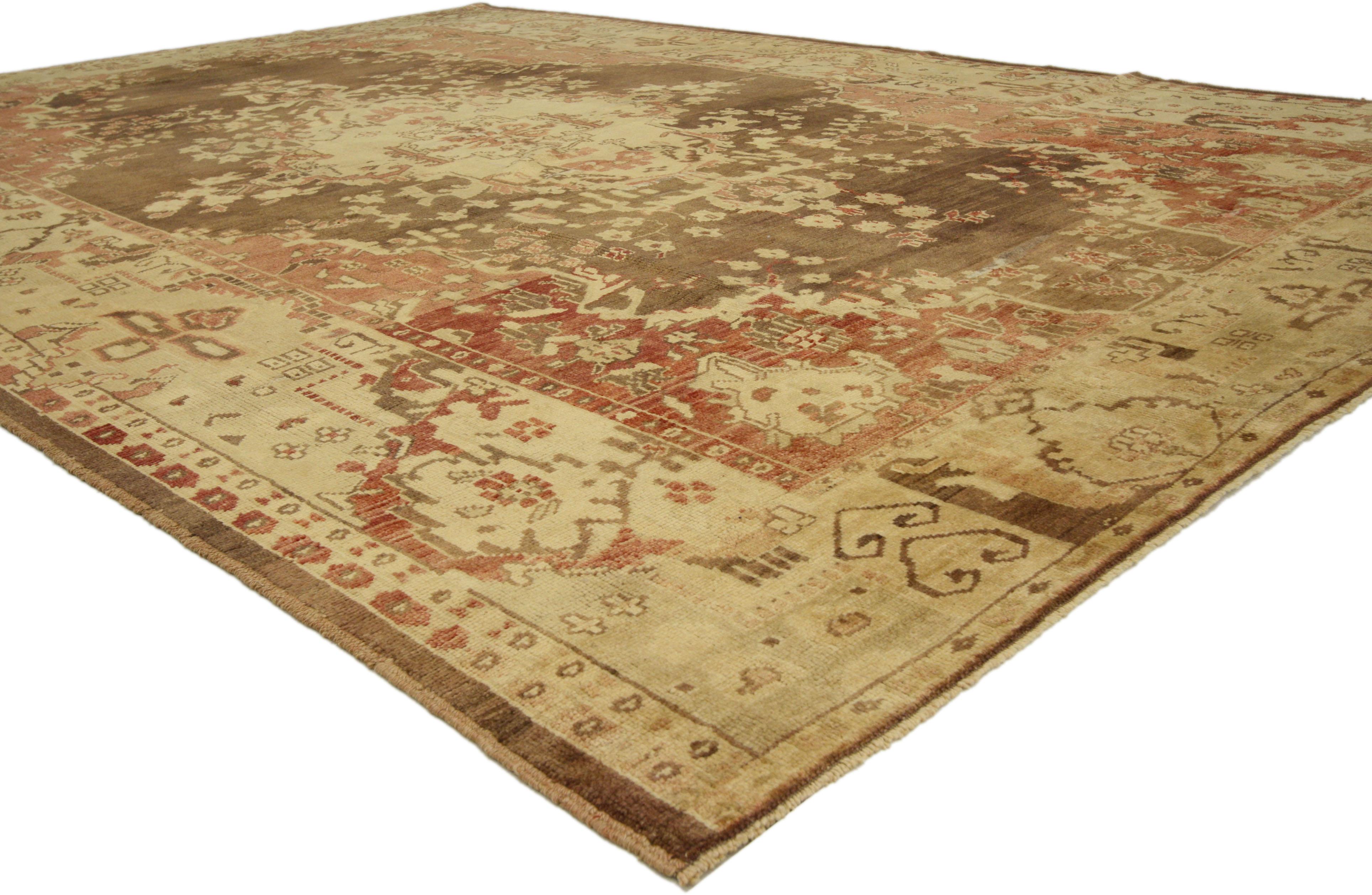 Hand-Knotted Vintage Turkish Oushak Rug with Rustic Arts and Crafts Style For Sale