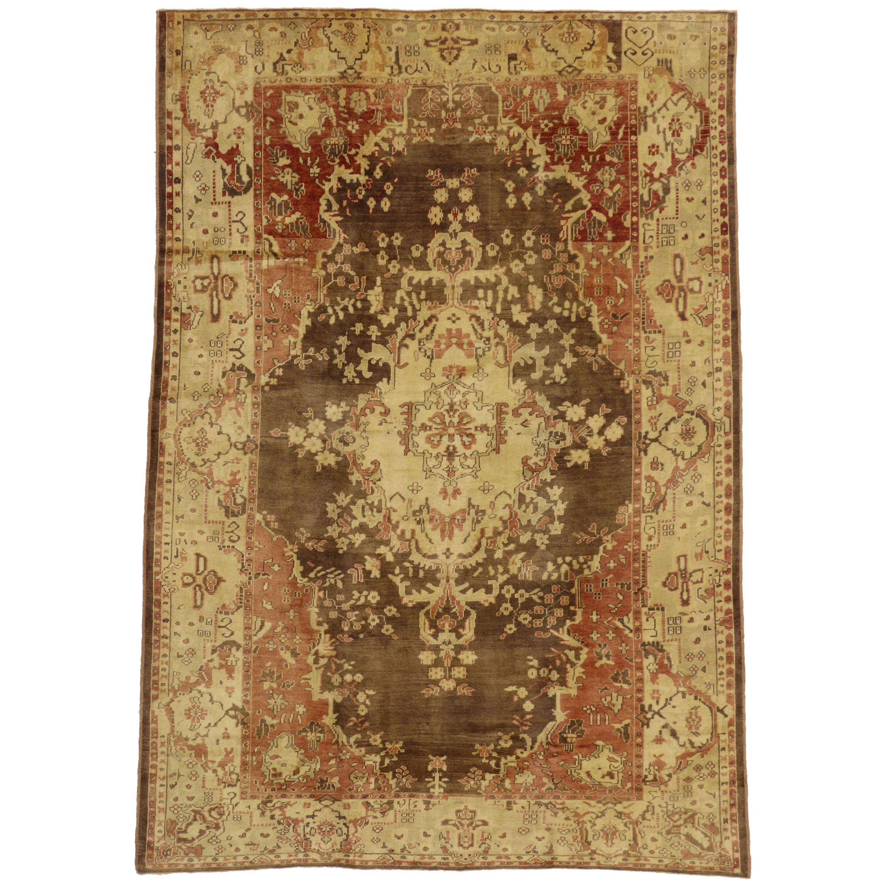 Vintage Turkish Oushak Rug with Rustic Arts and Crafts Style