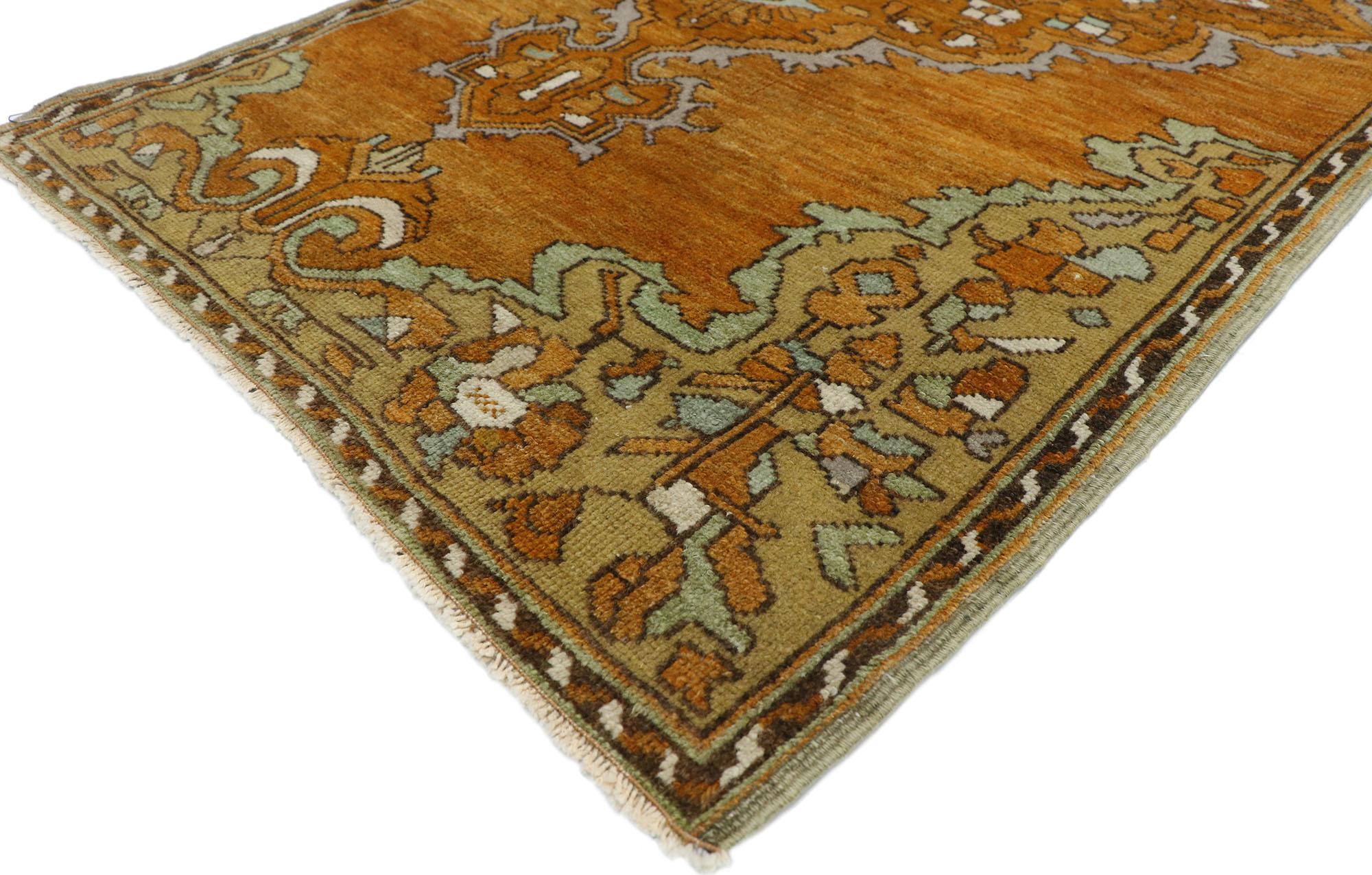 52761, vintage Turkish Oushak rug with Rustic Arts & Crafts style, Scatter rug. Balancing a timeless design with a romantic rustic sensibility, this hand knotted wool vintage Turkish Oushak scatter rug beautifully embodies Arts & Crafts style. It