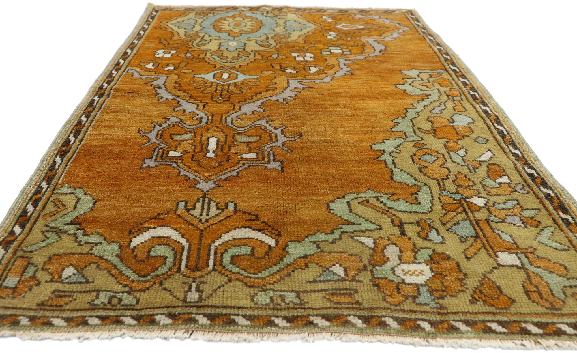 Hand-Knotted Vintage Turkish Oushak Rug with Rustic Arts & Crafts Style, Scatter Rug