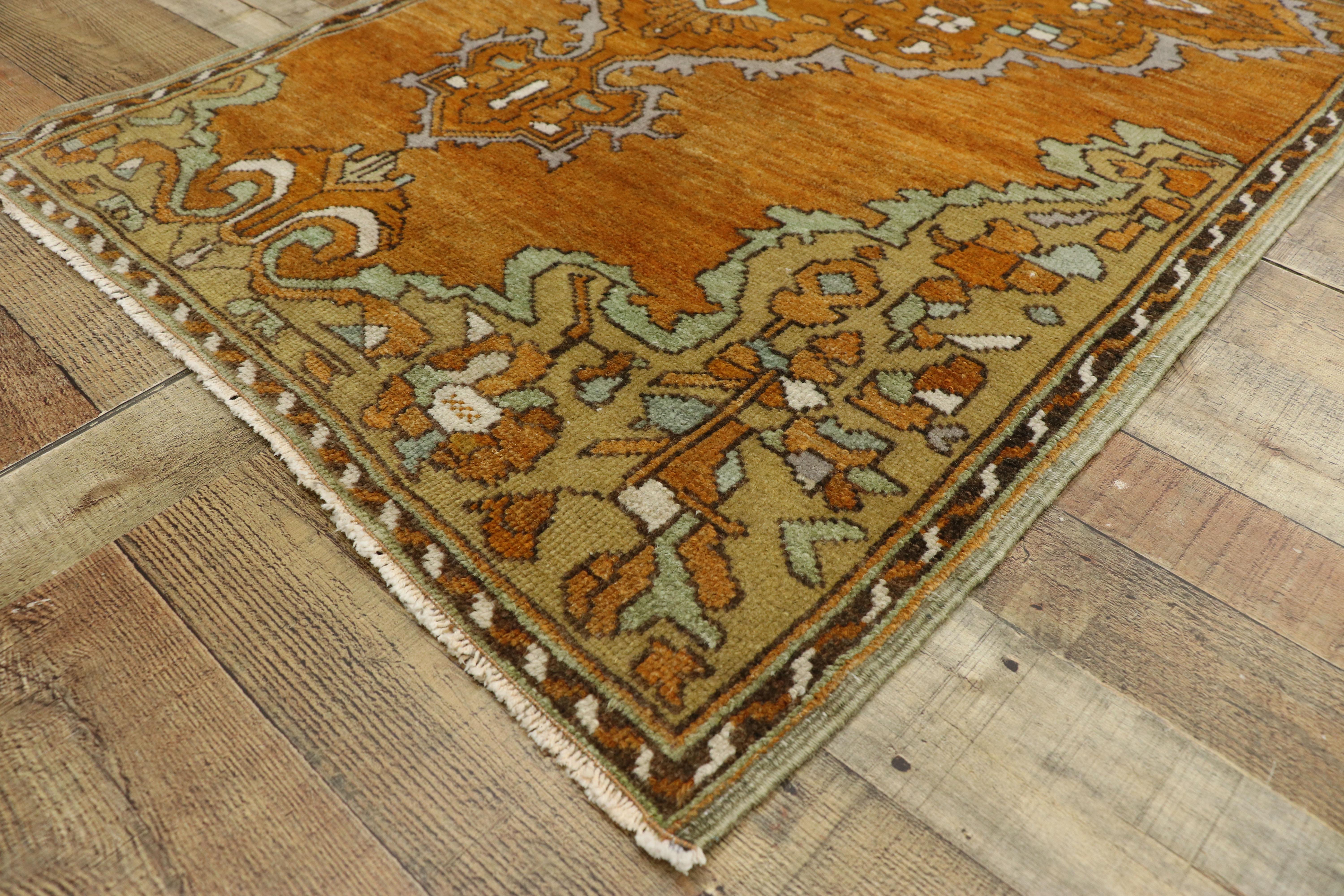 Wool Vintage Turkish Oushak Rug with Rustic Arts & Crafts Style, Scatter Rug