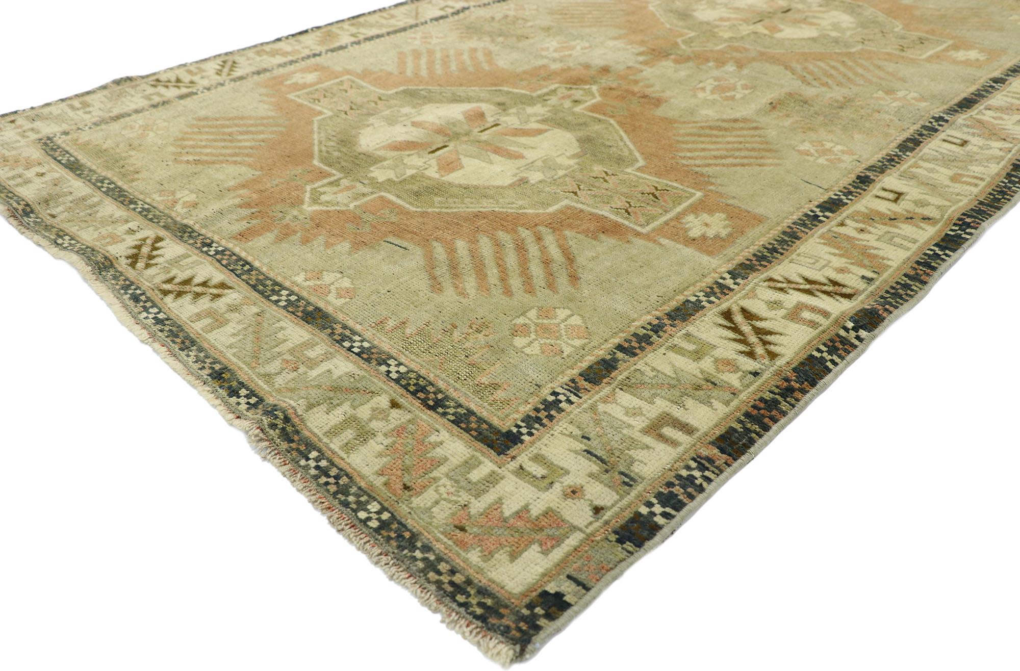 52726, vintage Turkish Oushak rug with rustic Belgian style 03'11 x 06'02. Highlighting modern design aesthetics and understated elegance with subdued color, this hand knotted wool antique Turkish Oushak rug beautifully embodies rustic Belgian