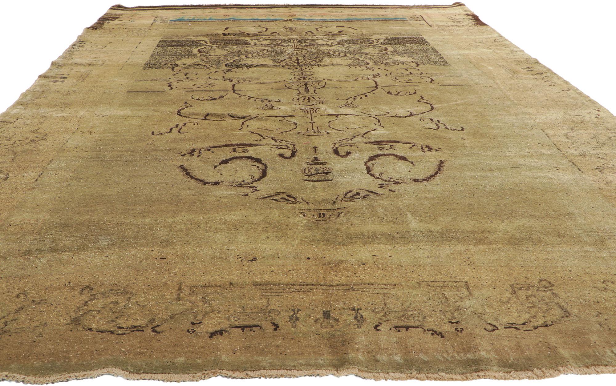 Hand-Knotted Earth-Tone Vintage Turkish Oushak Rug, Rustic Sensibility Meets Beguiling Charm For Sale