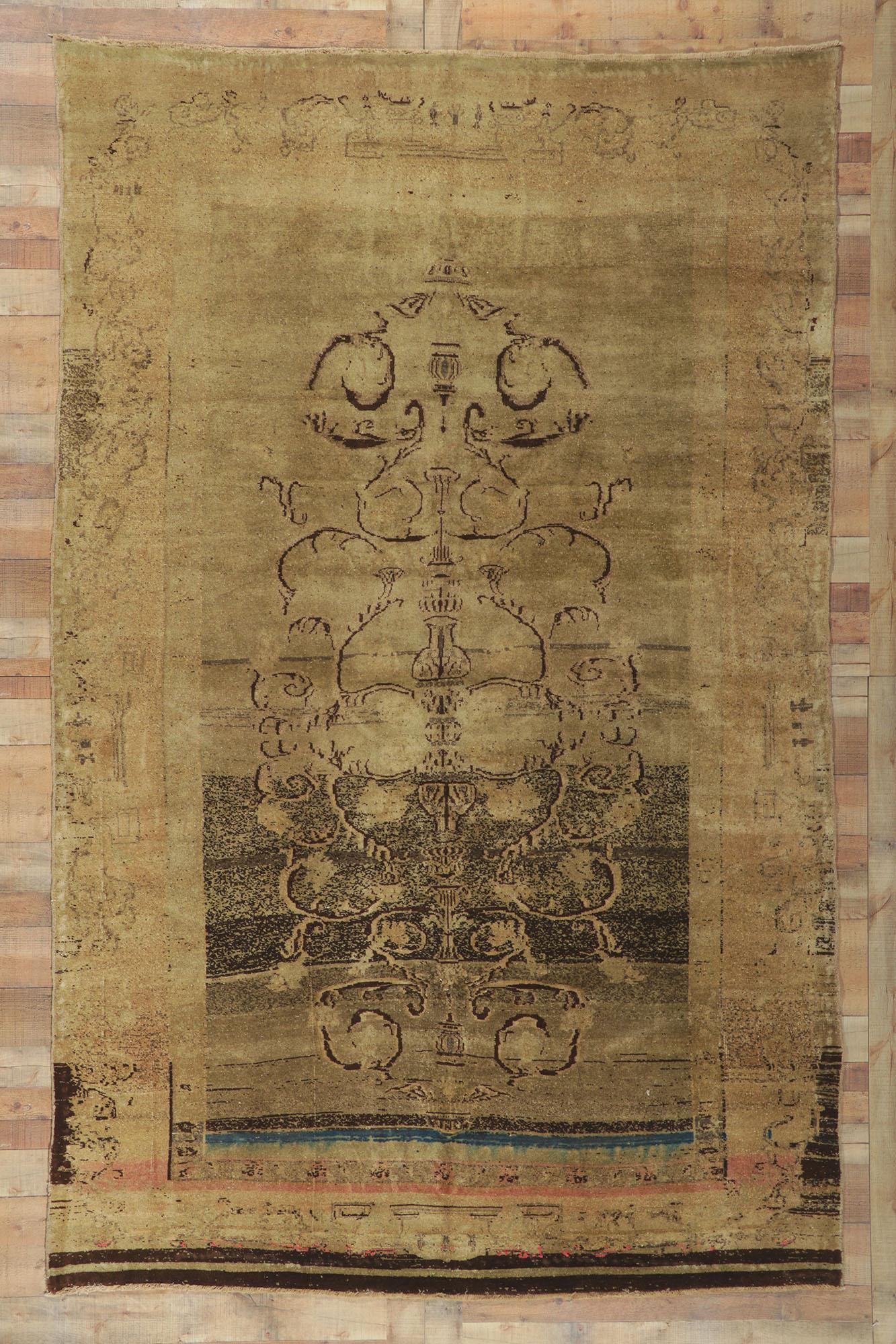 Earth-Tone Vintage Turkish Oushak Rug, Rustic Sensibility Meets Beguiling Charm For Sale 2