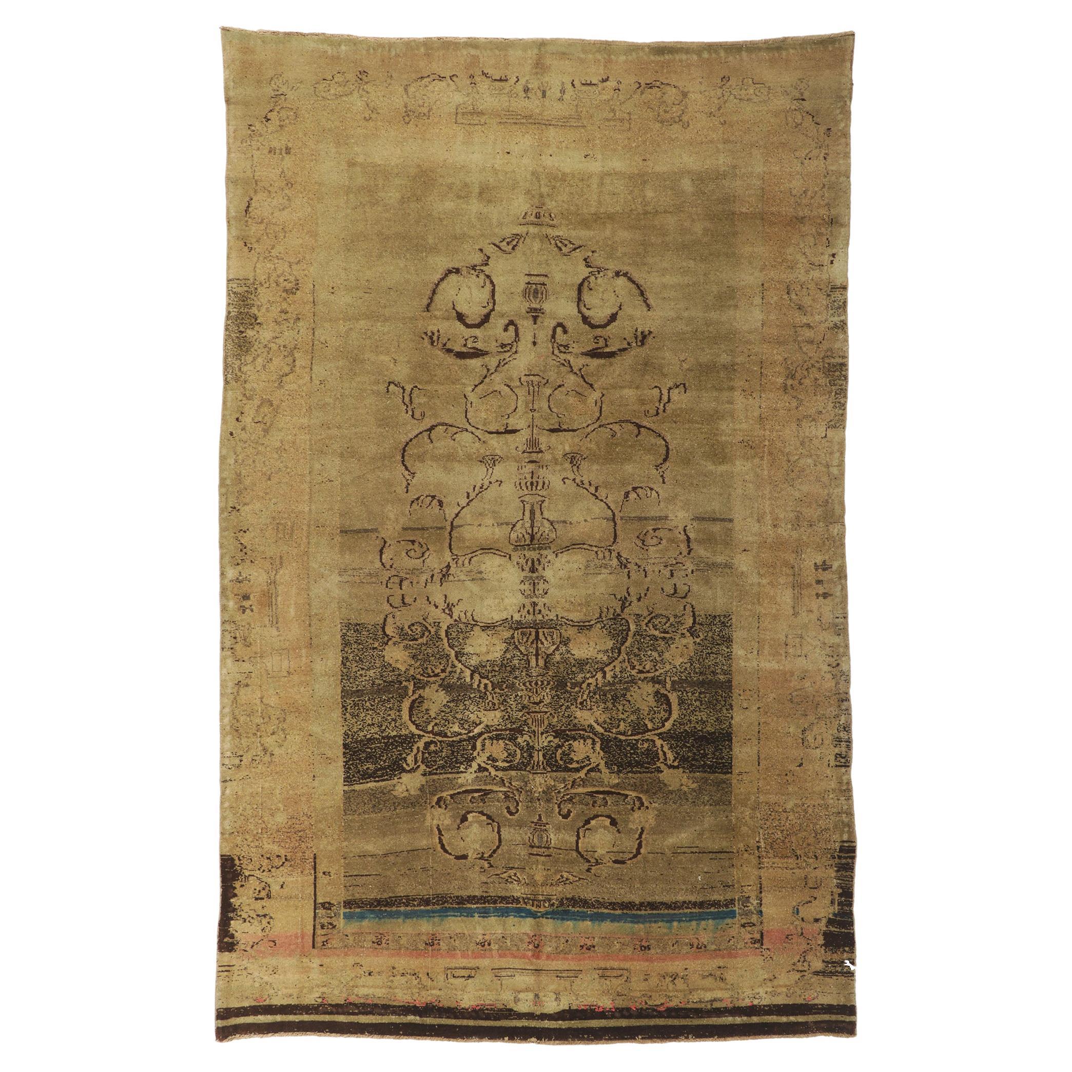 Earth-Tone Vintage Turkish Oushak Rug, Rustic Sensibility Meets Beguiling Charm For Sale