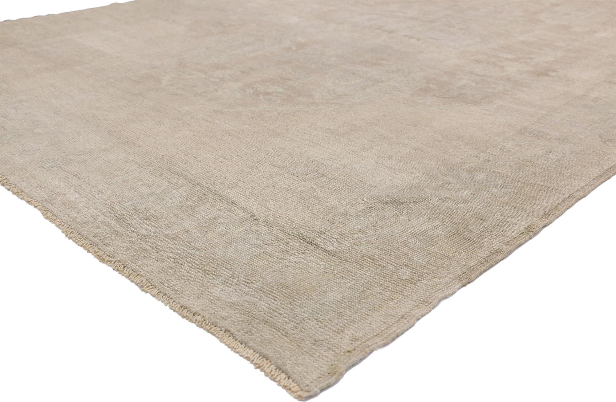 52457, vintage Turkish Oushak rug with Rustic chinoiserie style and muted colors. This hand knotted wool vintage Turkish Oushak rug with Rustic chinoiserie style is the perfect answer to upscale minimally appointed interiors. Intimate floral and