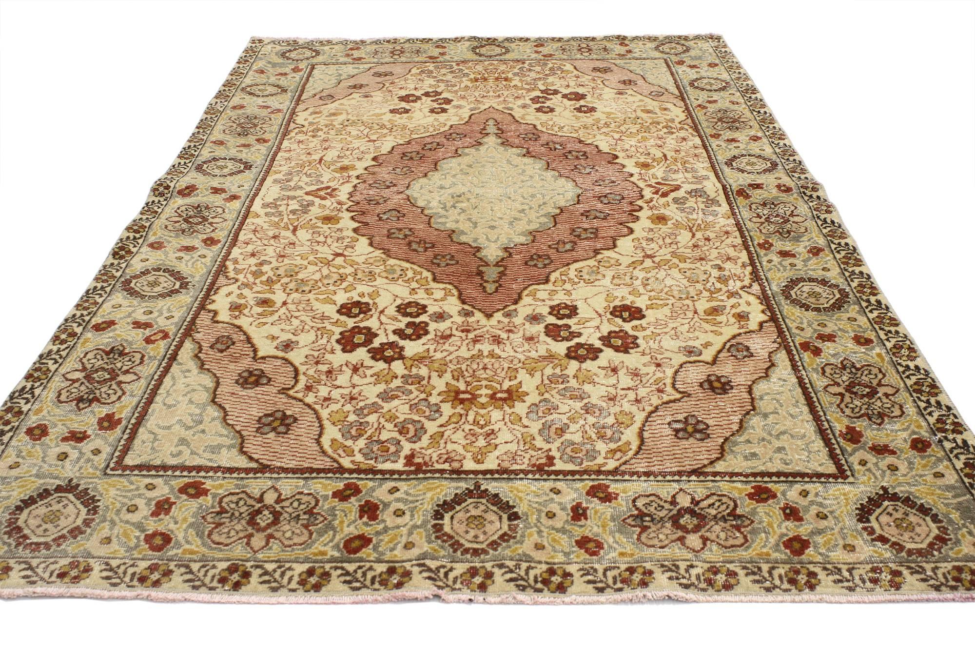 Hand-Knotted Distressed Vintage Turkish Oushak Rug with Rustic Cottage Arts & Crafts Style For Sale