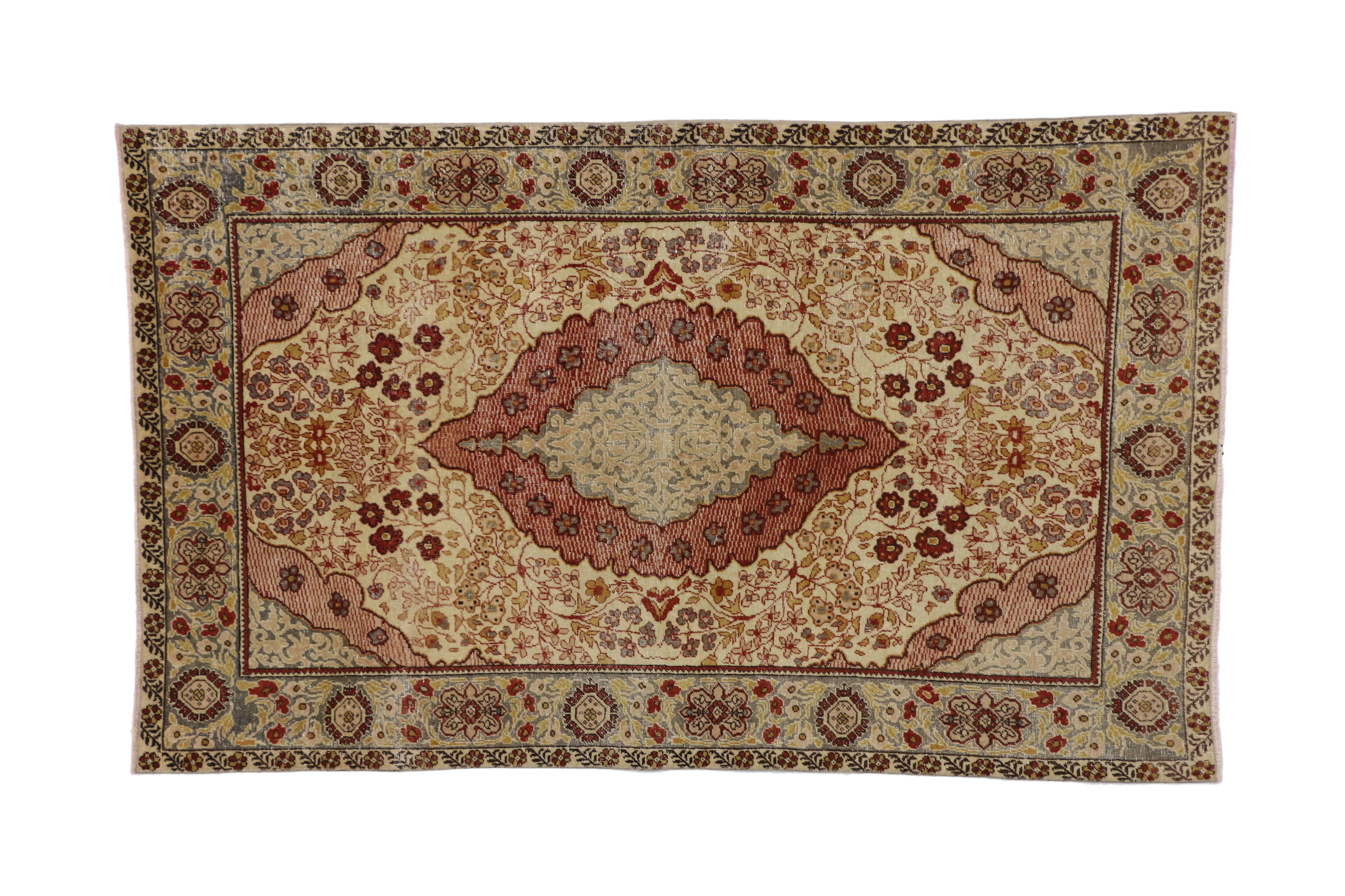 Distressed Vintage Turkish Oushak Rug with Rustic Cottage Arts & Crafts Style In Distressed Condition For Sale In Dallas, TX