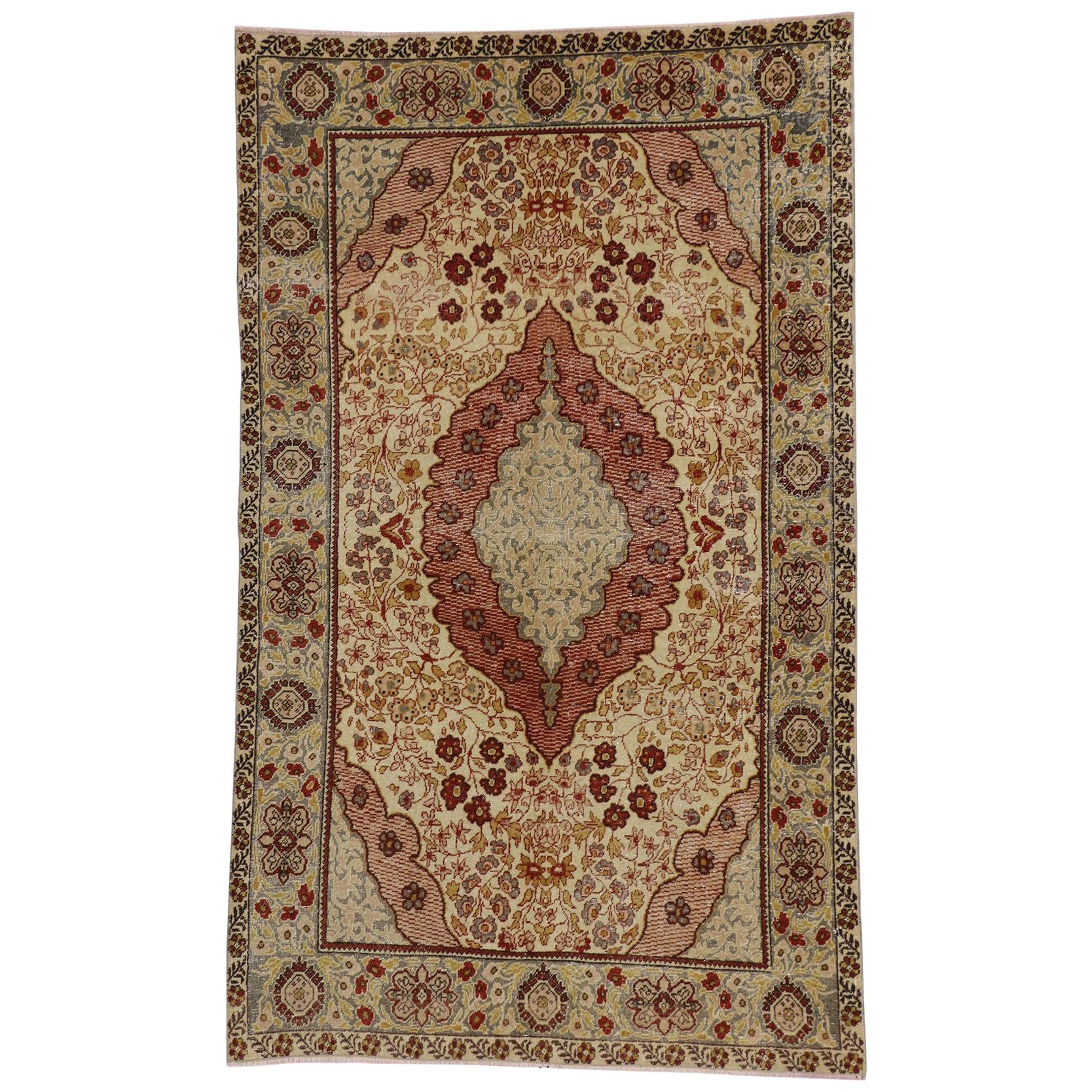 Distressed Vintage Turkish Oushak Rug with Rustic Cottage Arts & Crafts Style For Sale