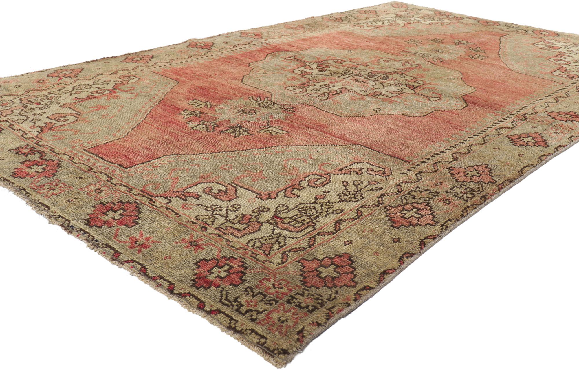 52352 Vintage Turkish Oushak Rug, 04'08 x 08'01.
Complete with coziness, texture and versatile rustic style, this hand knotted wool vintage Turkish Oushak rug features a large scalloped center medallion with palmette and bloom pendants across an
