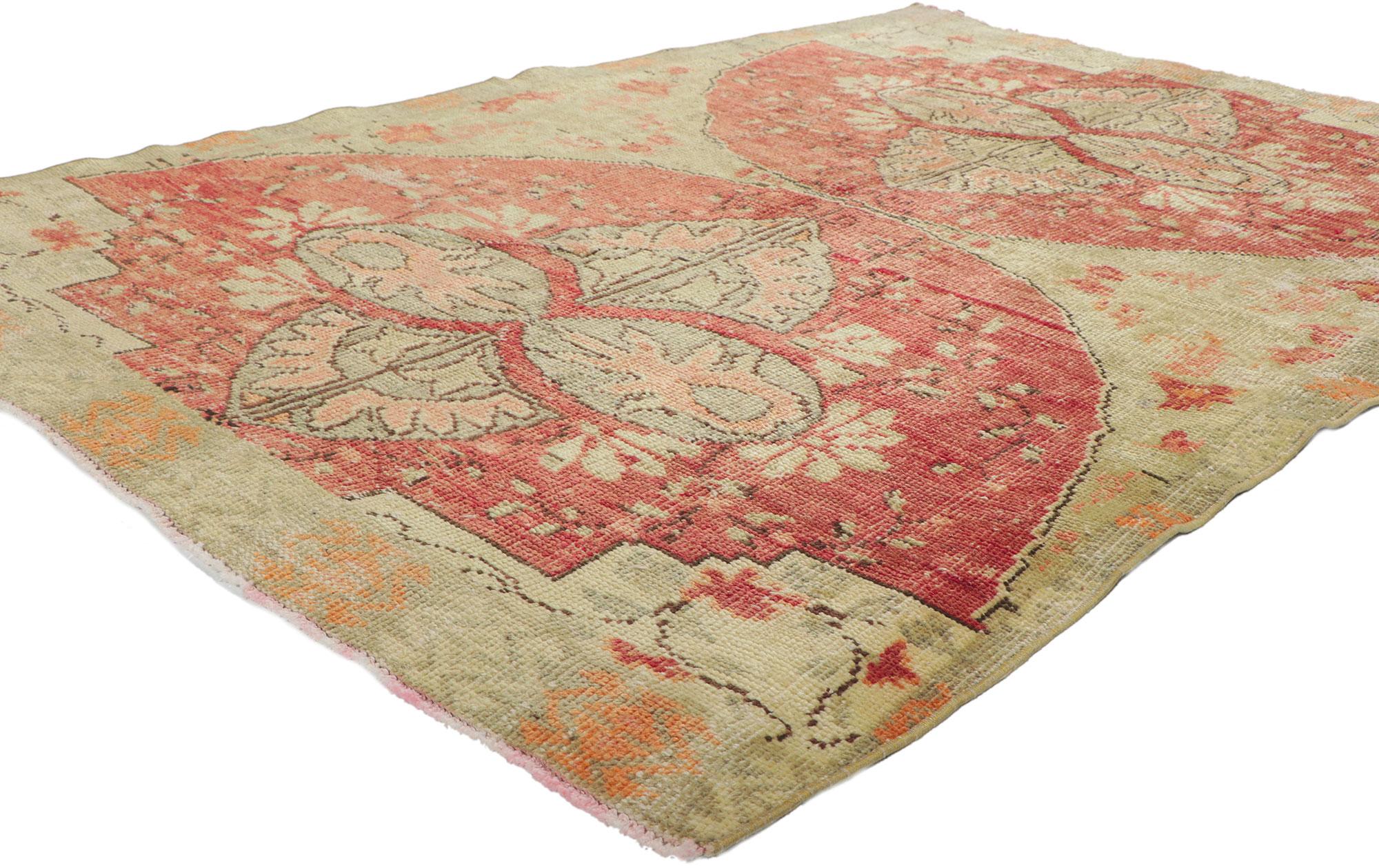 53150 Rustic Vintage Turkish Oushak Rug, 04'07 x 06'08.
Effortless beauty and romantic connotations meet soft, bespoke vibes with a Swedish farmhouse cottage style in this hand knotted wool distressed vintage Turkish Oushak rug. The lovingly