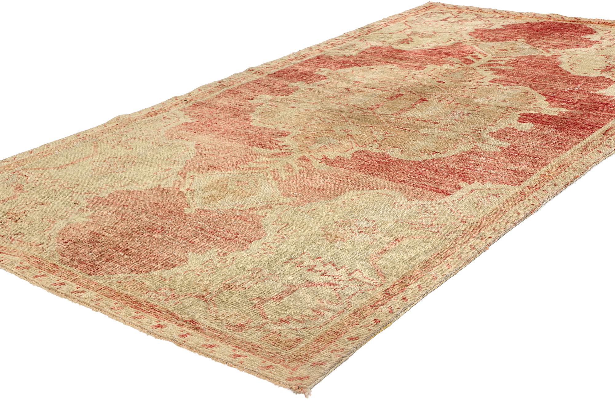 52070 Distressed Vintage Turkish Oushak Rug, 04'01 x 08'01. Infused with the timeless elegance of French Provincial style, this hand-knotted wool distressed vintage Turkish Oushak rug exudes a sense of rustic charm and relaxed refinement. At the