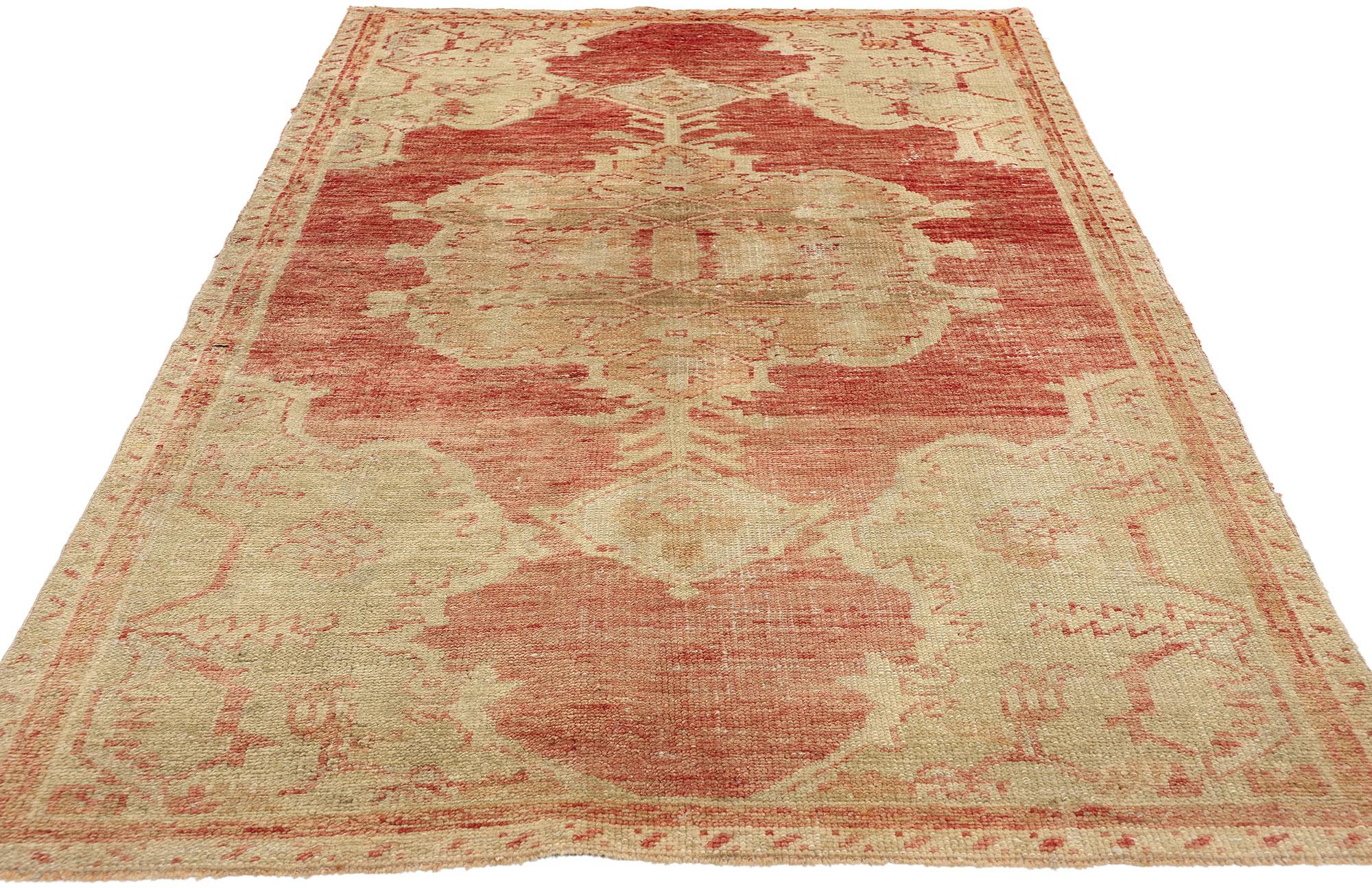 Hand-Knotted Vintage Turkish Oushak Rug with Rustic Earth-Tone Colors For Sale