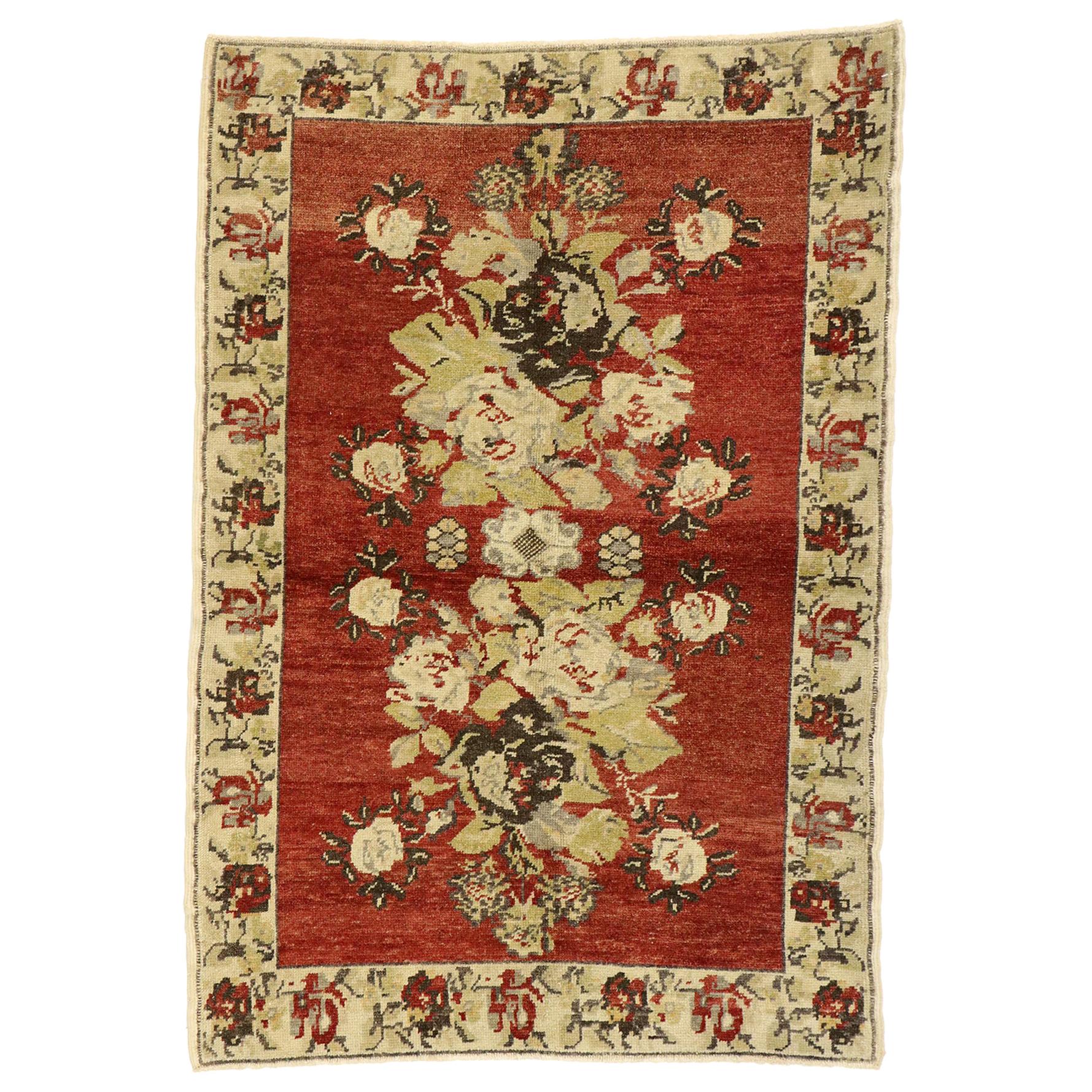 Vintage Turkish Oushak Rug with Rustic English Tudor Manor House Style For Sale