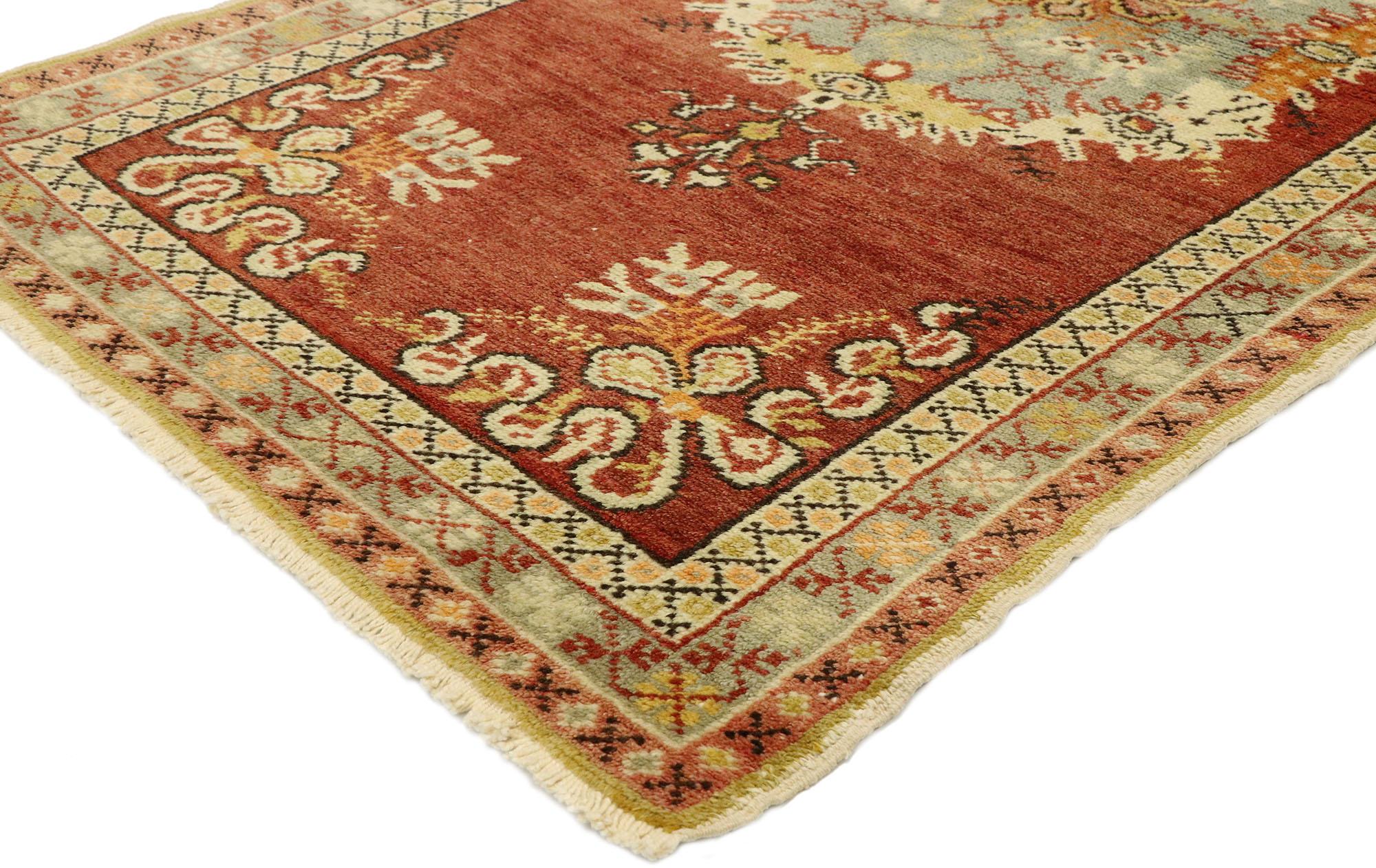 51083, vintage Turkish Oushak rug with Rustic French Rococo style. French Rococo Romanticism meets timeless Anatolian tradition in this Classic style vintage Turkish Oushak rug. Set with an elaborate round-oval medallion against an abrashed rustic