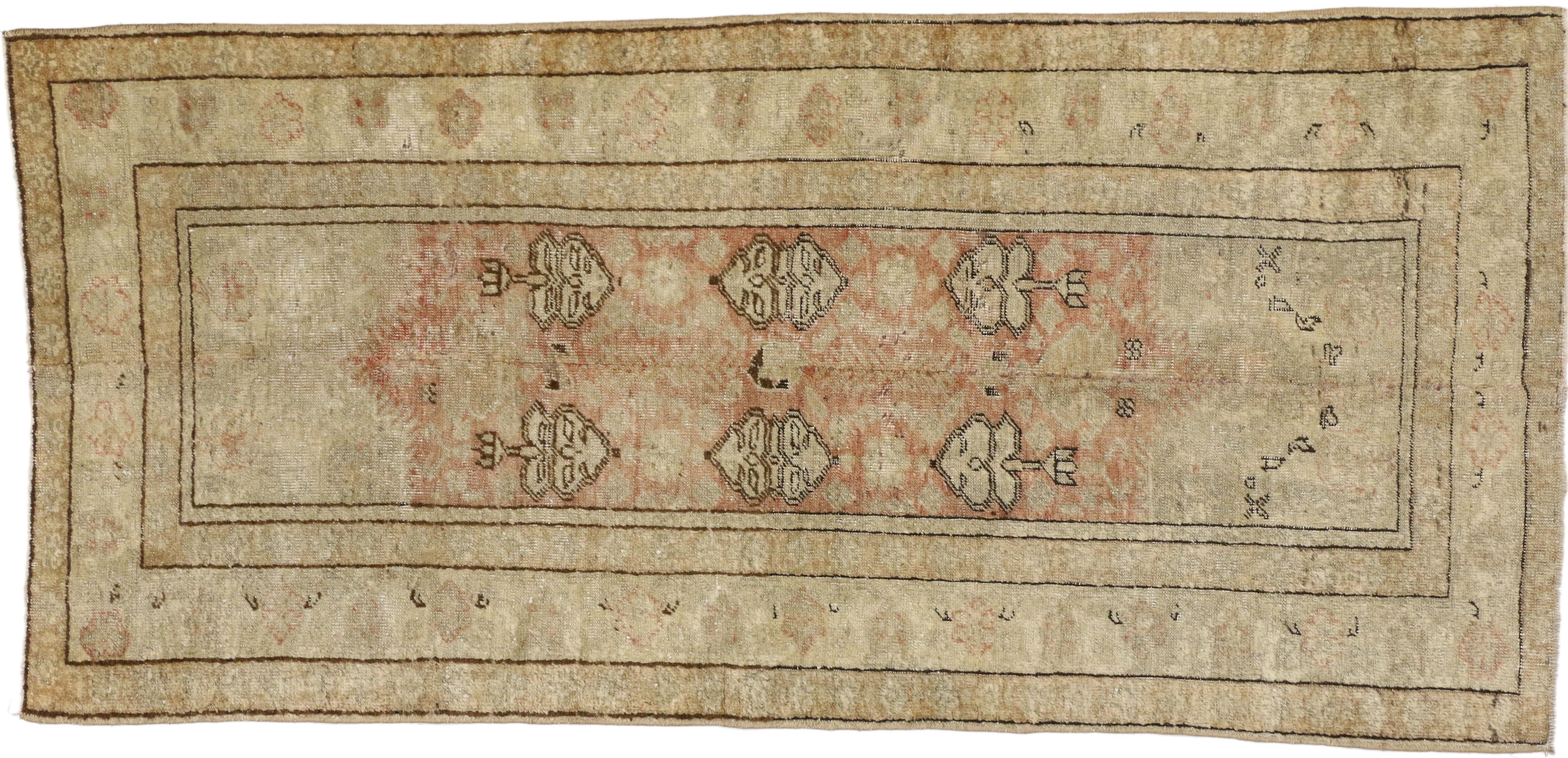 Vintage Turkish Oushak Rug with Rustic Industrial Style, Short Hallway Runner In Distressed Condition In Dallas, TX