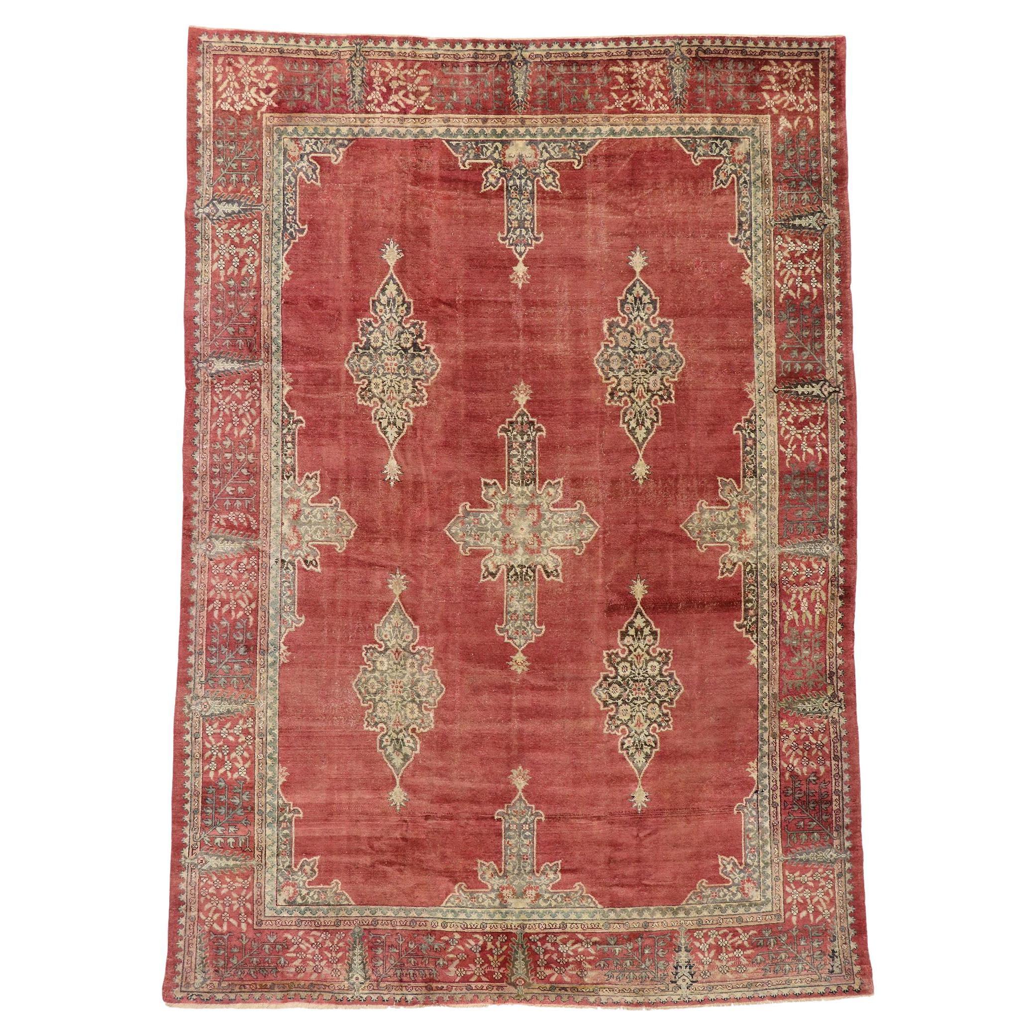Vintage Turkish Oushak Rug with Rustic Luxe Jacobean Style For Sale