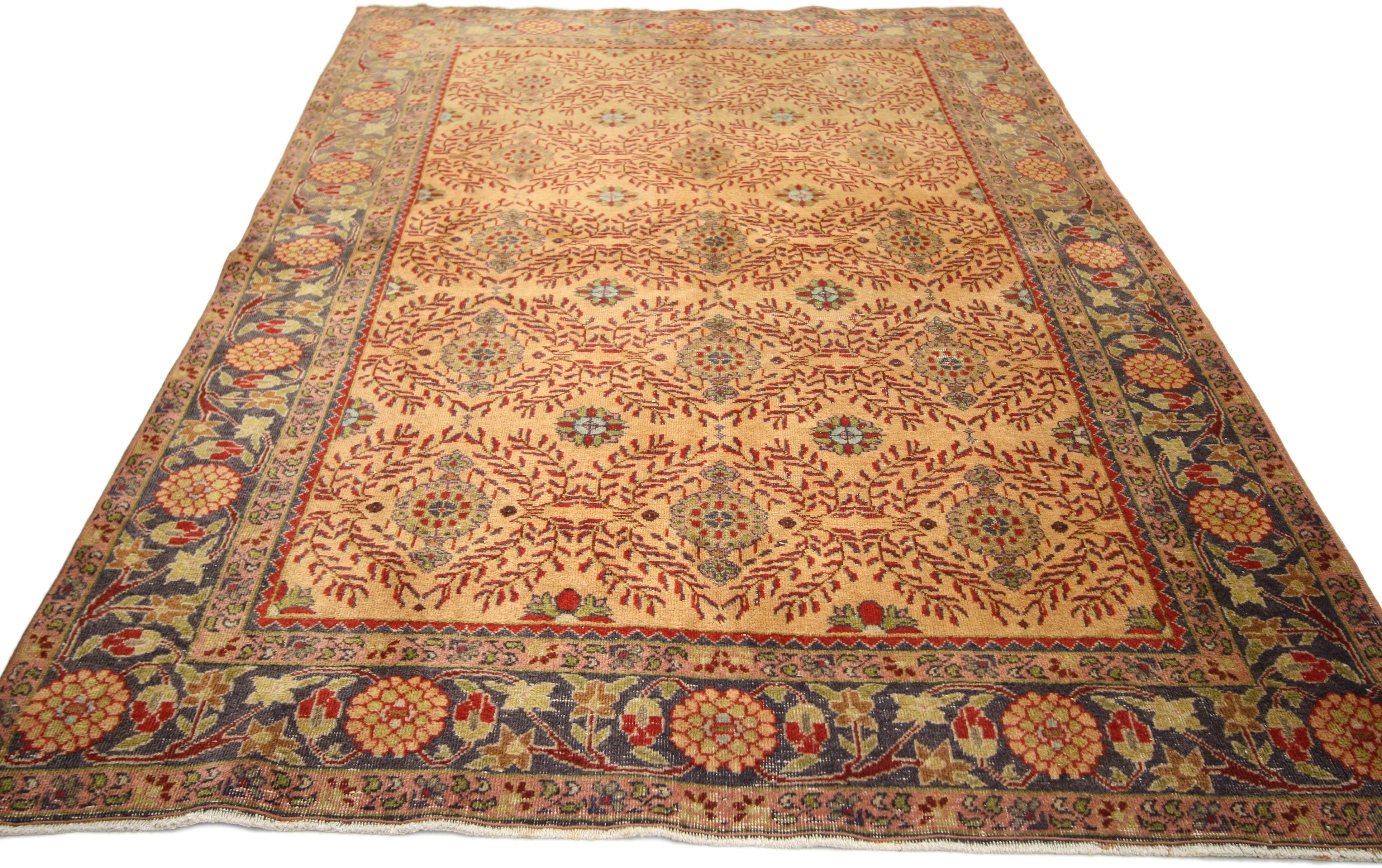 52336, vintage Turkish Oushak rug with Spanish style. This hand knotted vintage Turkish Oushak rug with Spanish style features an all-over repeating pattern of lobed orbs with pendants set in an angular lattice of red leafy tendrils. Rich and