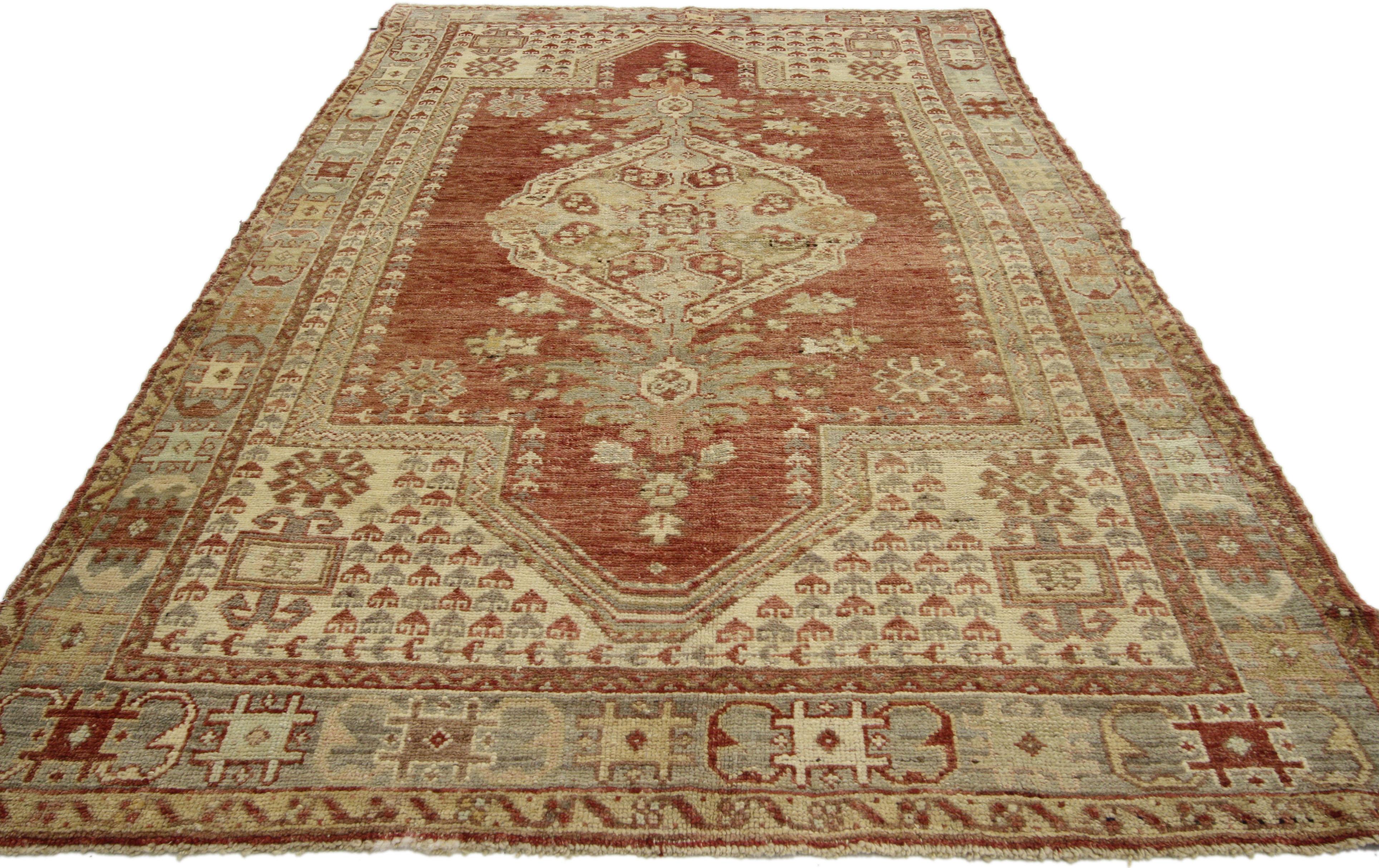 Hand-Knotted Vintage Turkish Oushak Rug with Rustic Style, Anatolian Turkish Prayer Rug For Sale