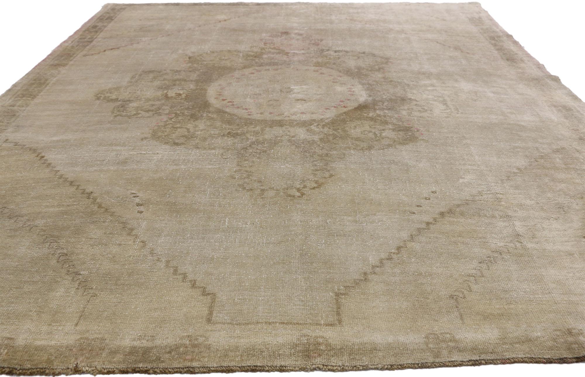 Hand-Knotted Vintage Turkish Oushak Rug with Rustic Style and Neutral Colors